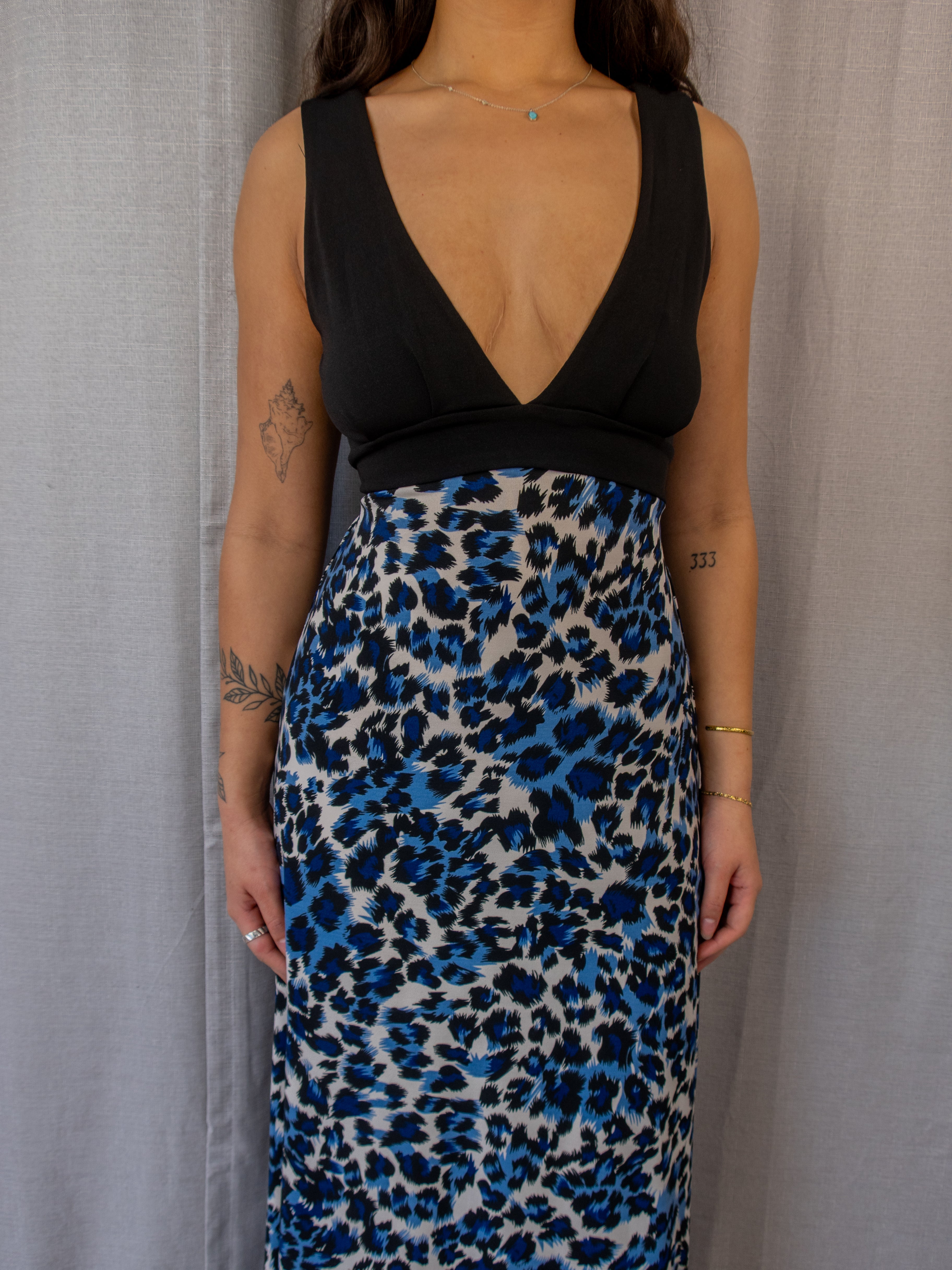Y2K Crossroads Maxi Dress - Blue Leopard Print - Size S