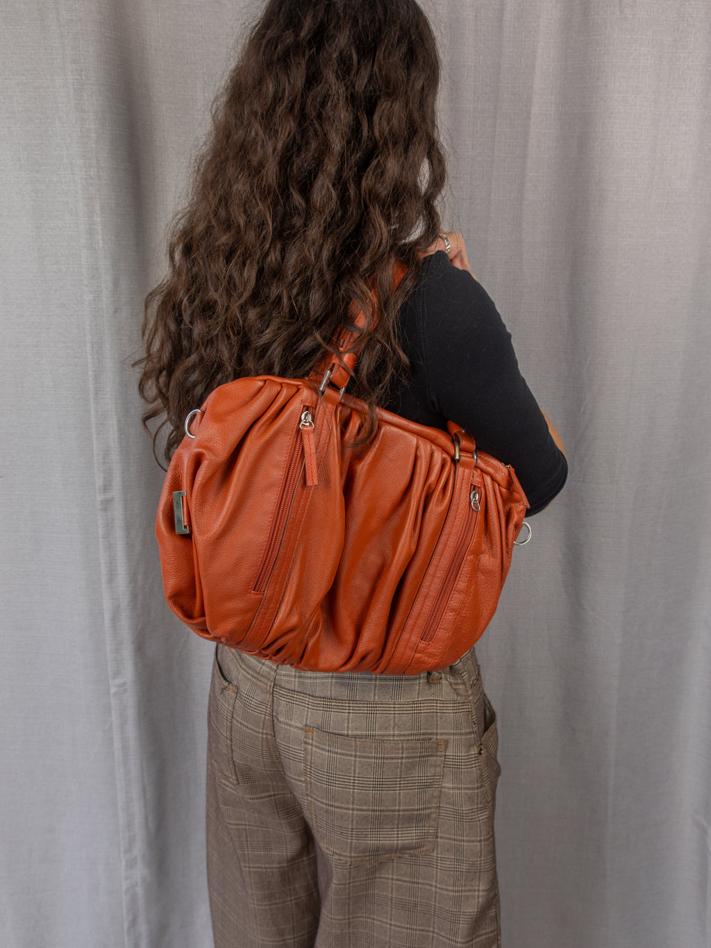 Y2K Burnt Orange Slouch Shoulder Bag - Ruched Genuine Leather