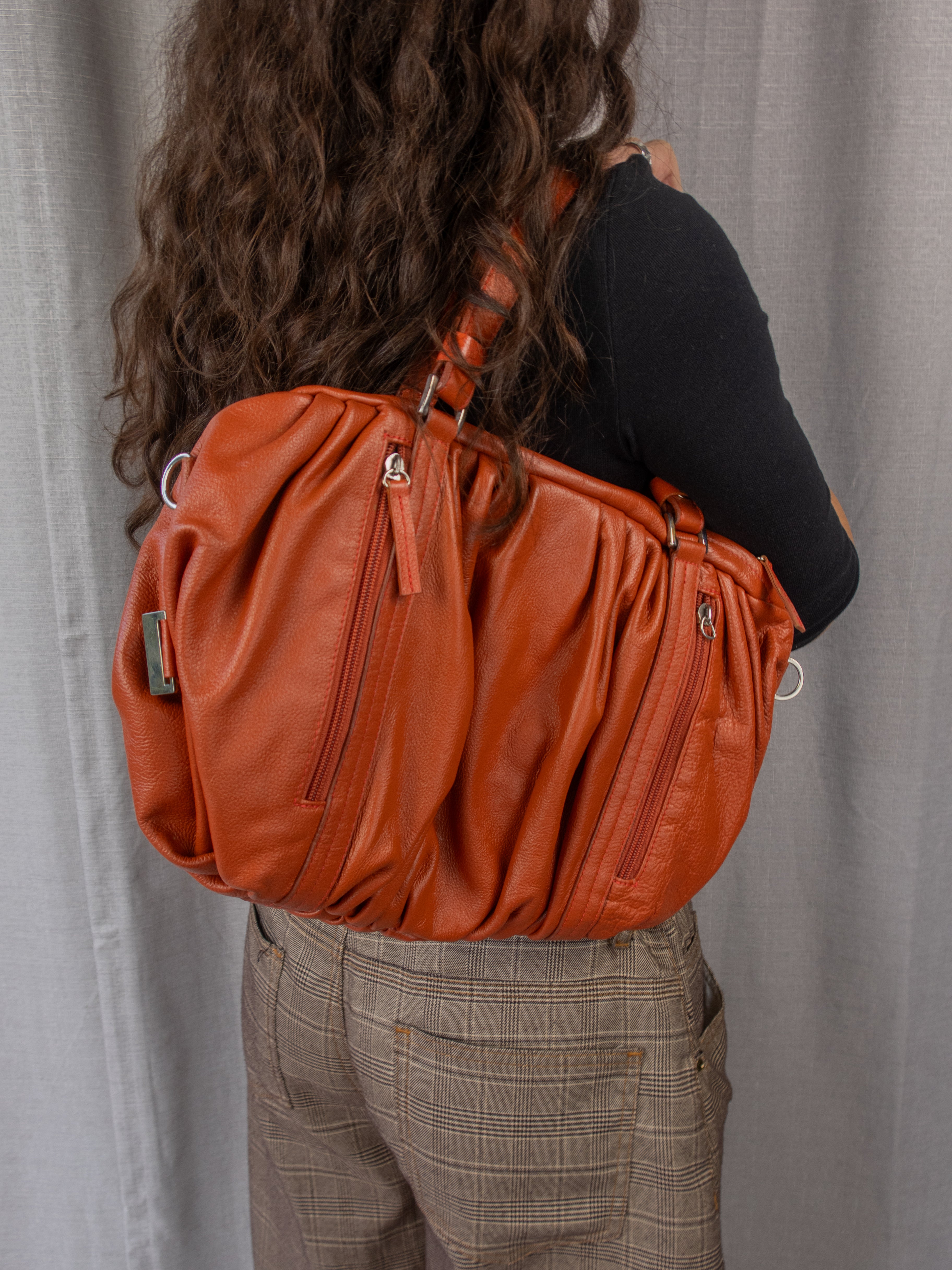 Y2K Burnt Orange Slouch Shoulder Bag - Ruched Genuine Leather