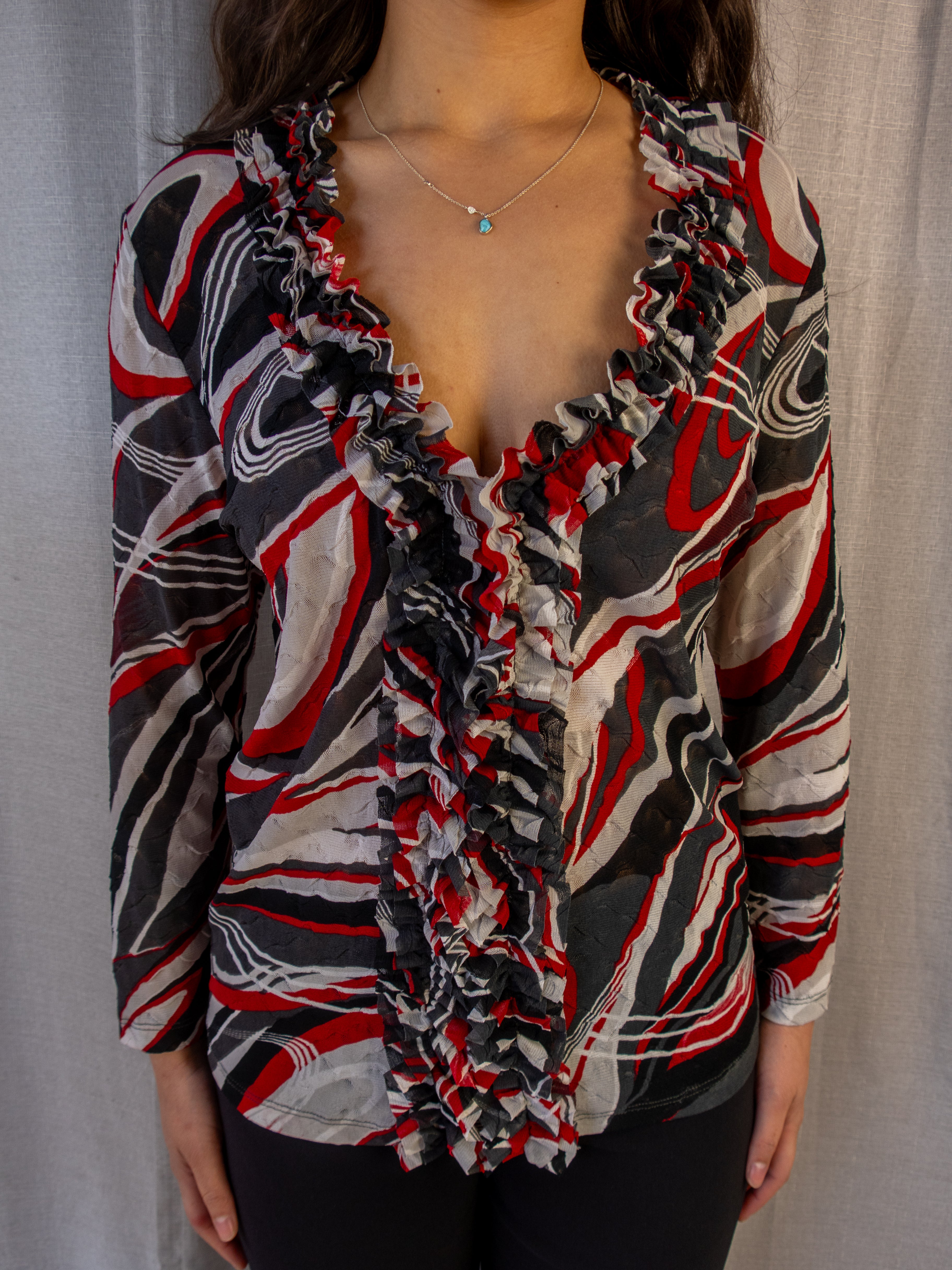 Y2K Simona Mesh Top - Abstract Print Ruffle - Size 12