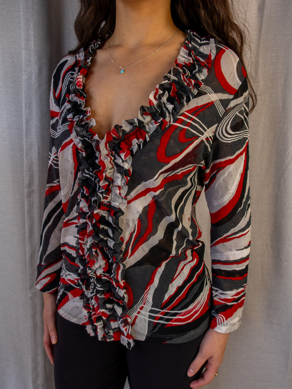 Y2K Simona Mesh Top - Abstract Print Ruffle - Size 12