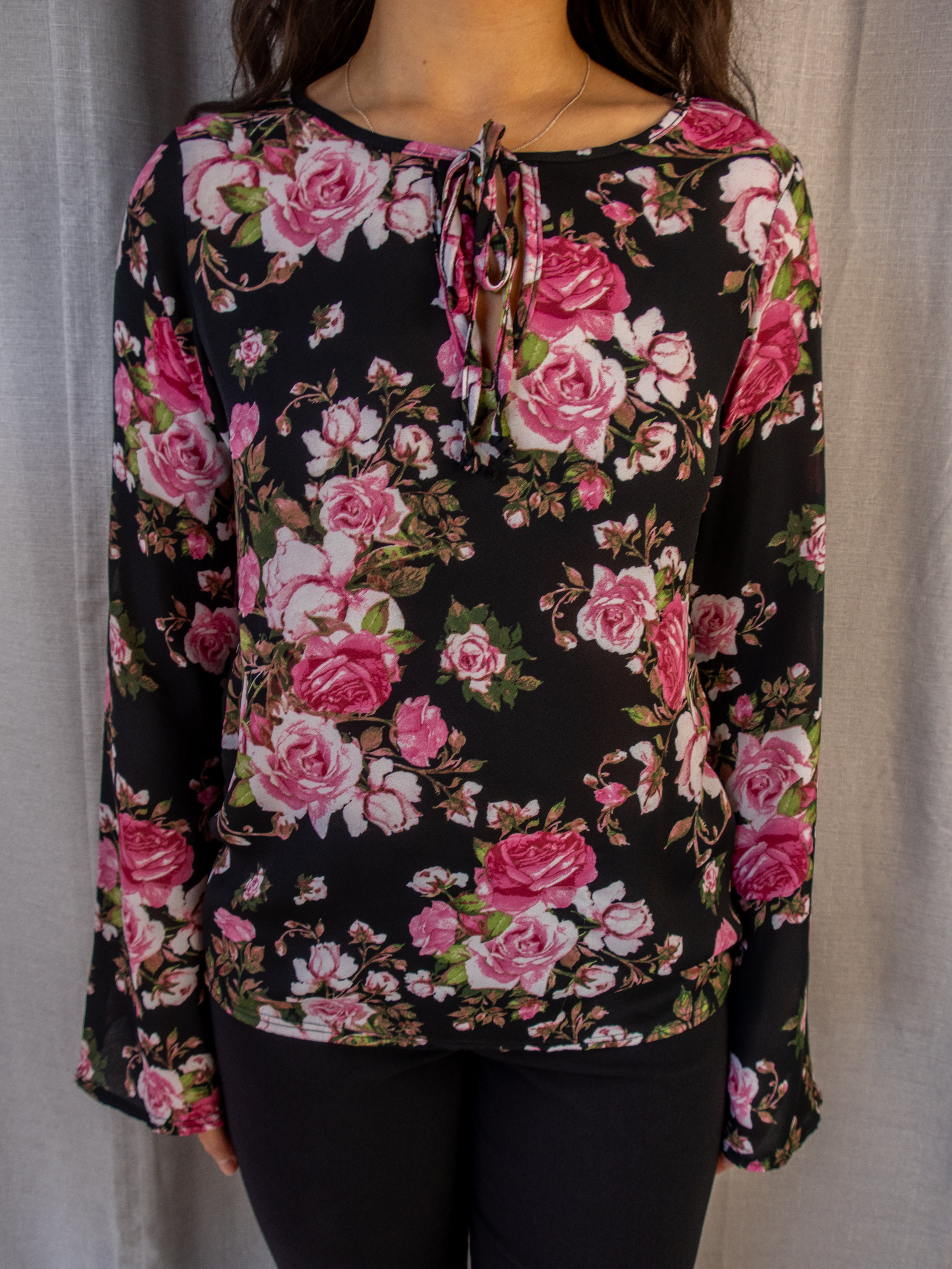 Vintage Prospect Blvd Sheer Floral Top - Black Pink Roses - Size S