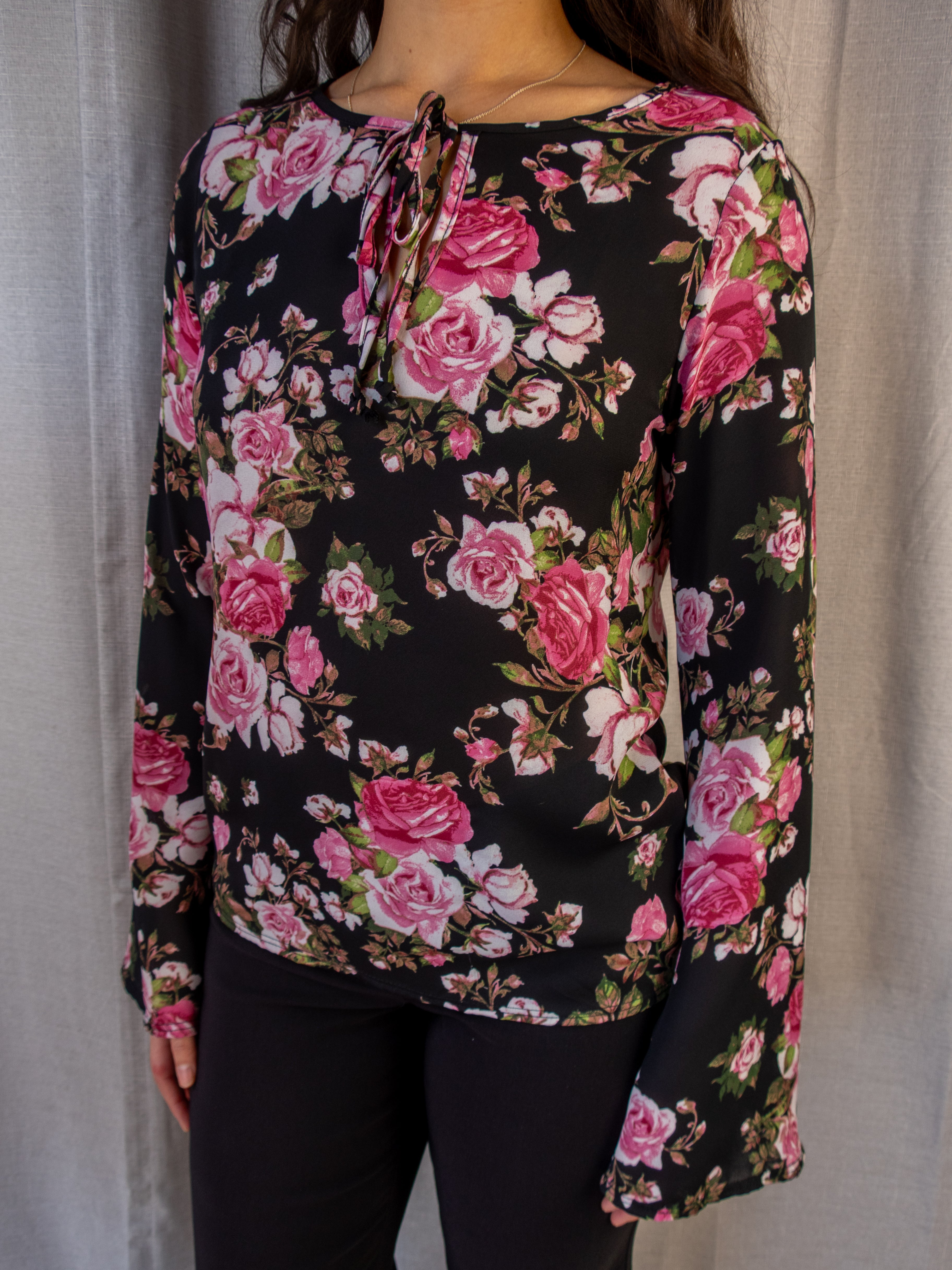 Vintage Prospect Blvd Sheer Floral Top - Black Pink Roses - Size S