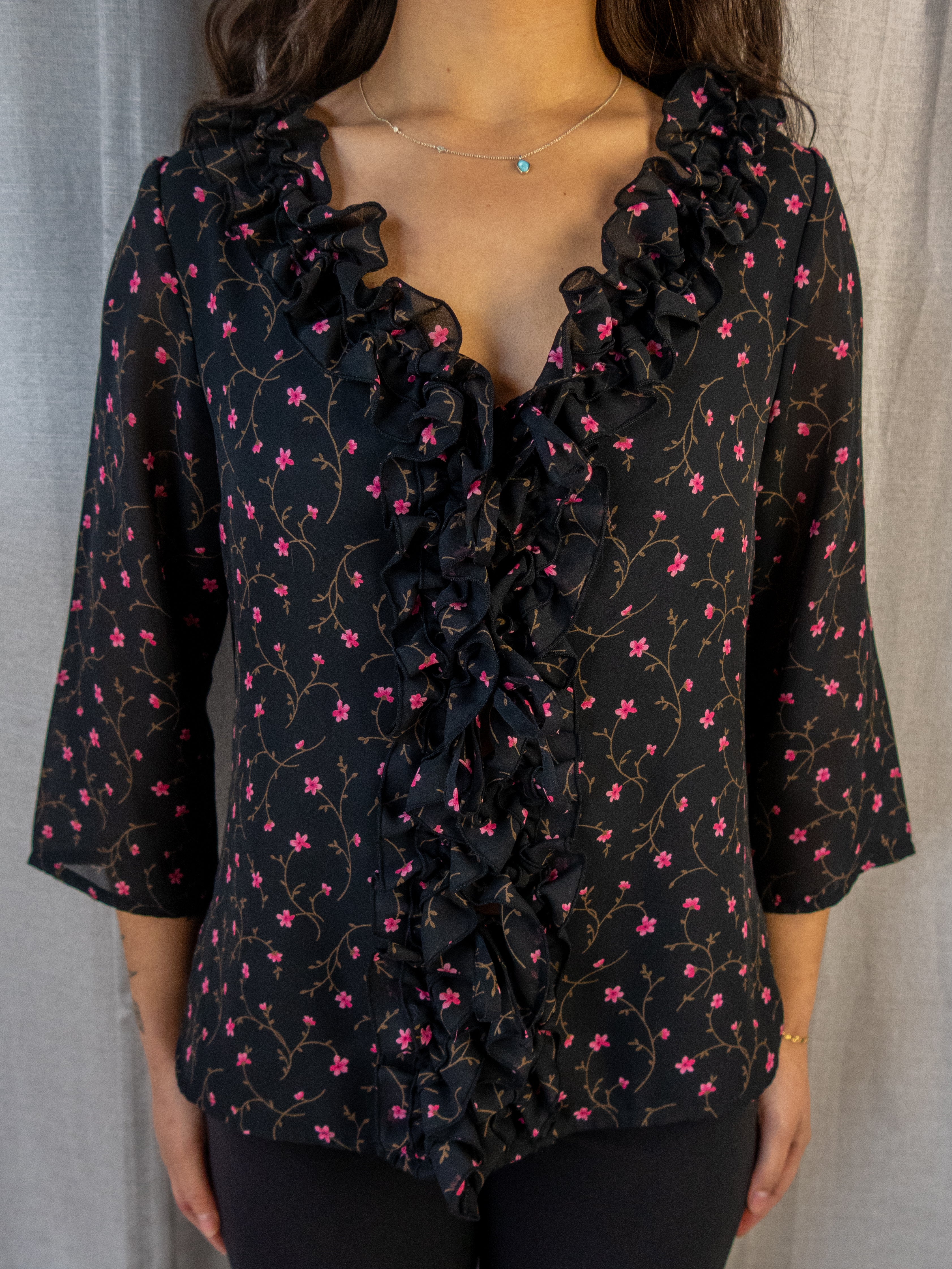 Y2K Liz Jordan Floral Ruffle Blouse - Black - Size 8