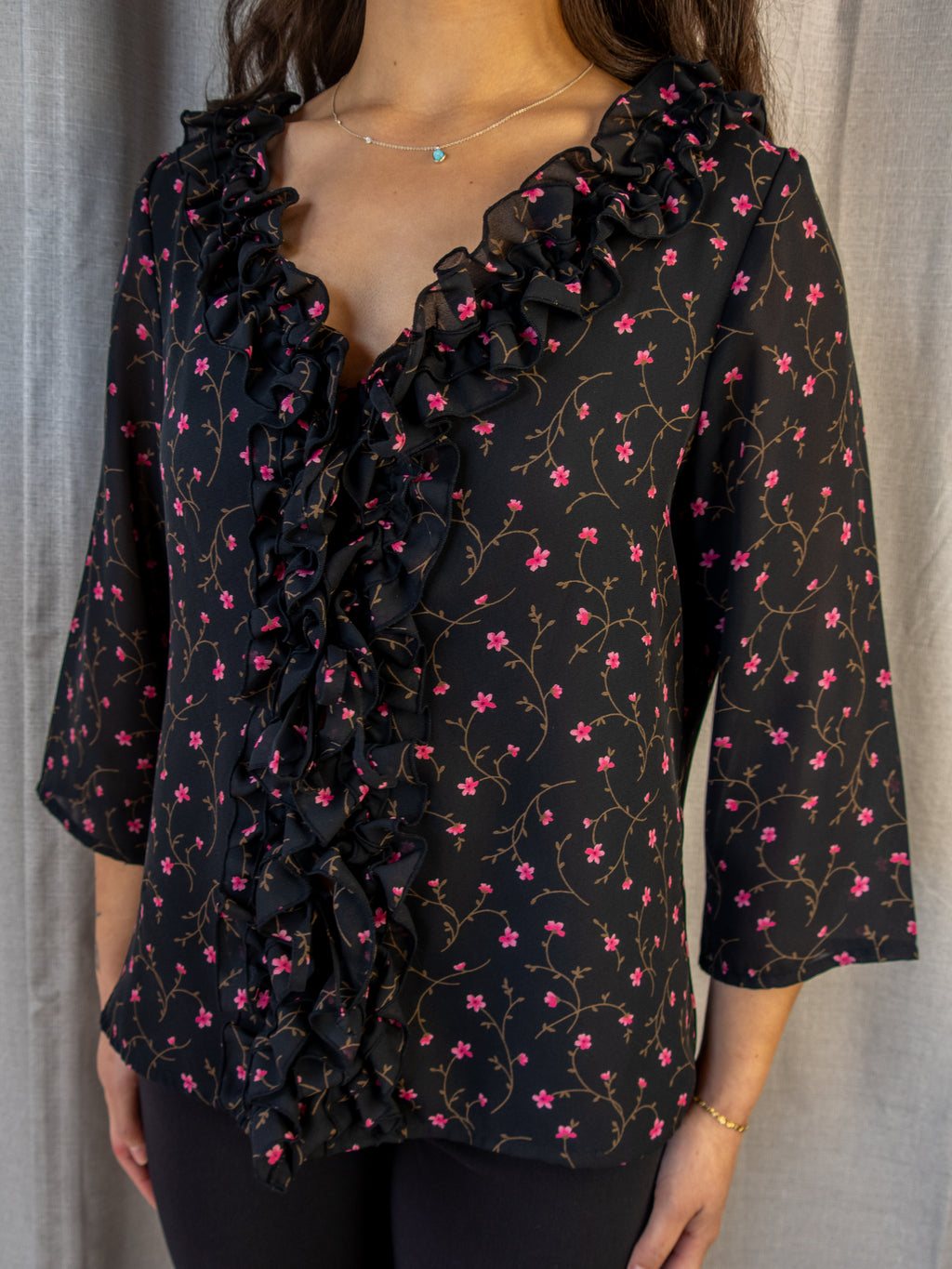 Y2K Liz Jordan Floral Ruffle Blouse - Black - Size 8