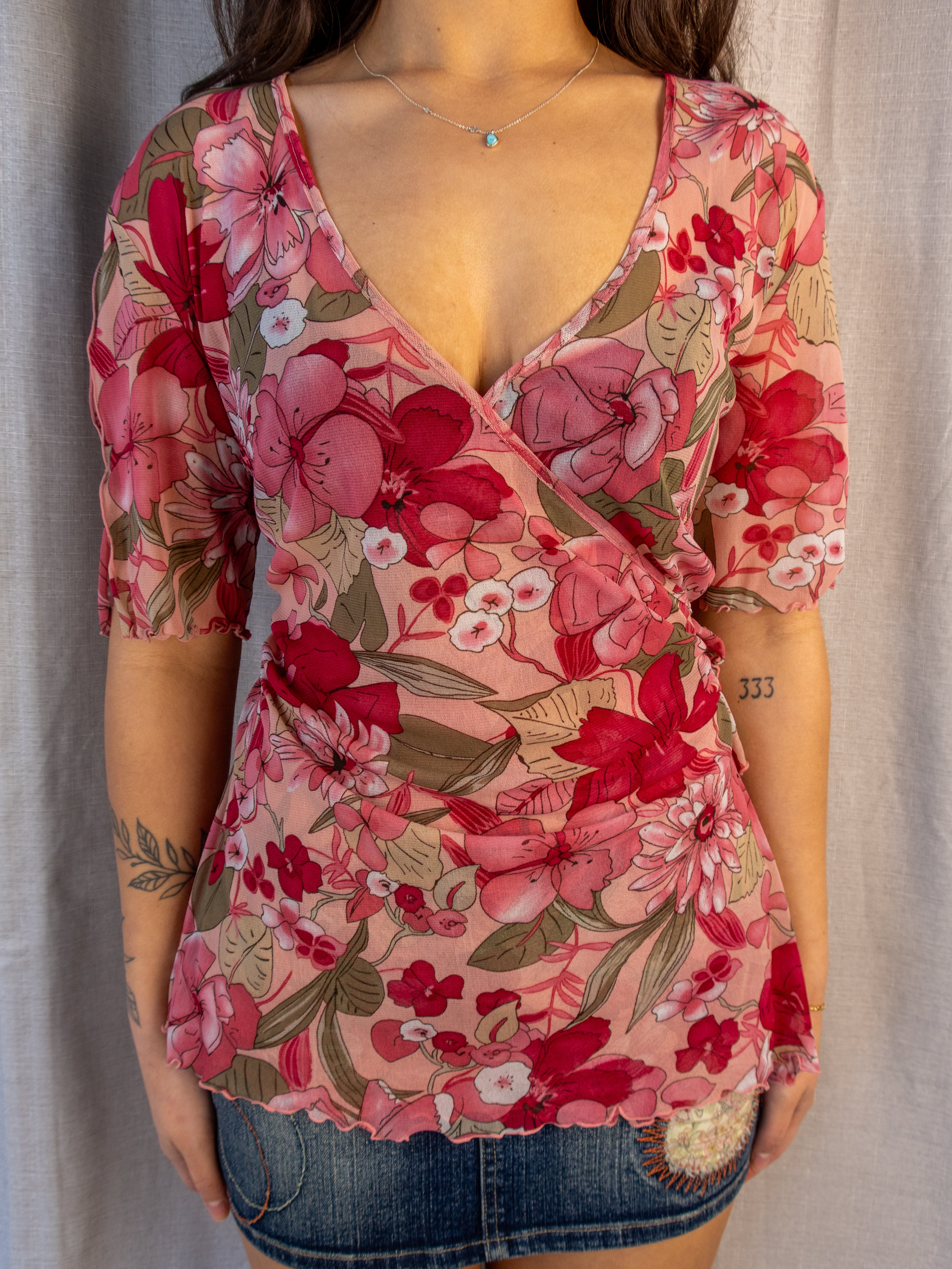 Y2K BeMe Floral Mesh Wrap Top - Pink - Size 12