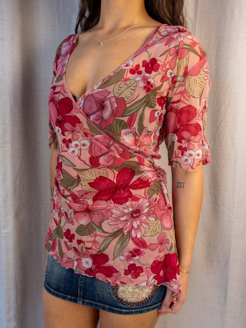 Y2K BeMe Floral Mesh Wrap Top - Pink - Size 12