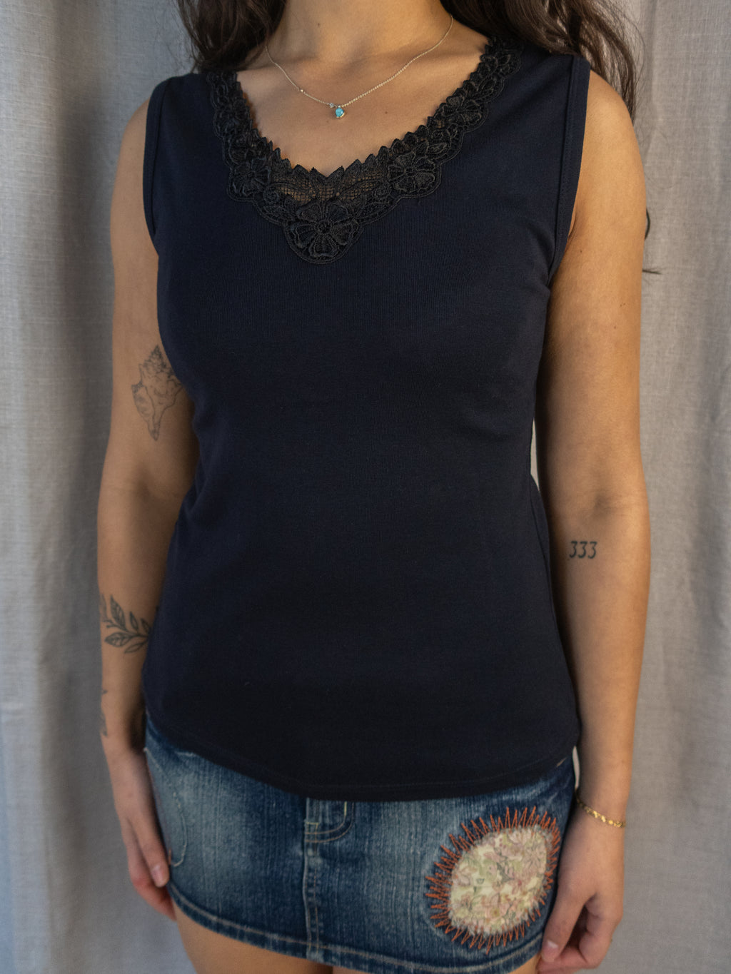 Y2K Sunflower Lace Trim Tank - Black Cotton - Size 12