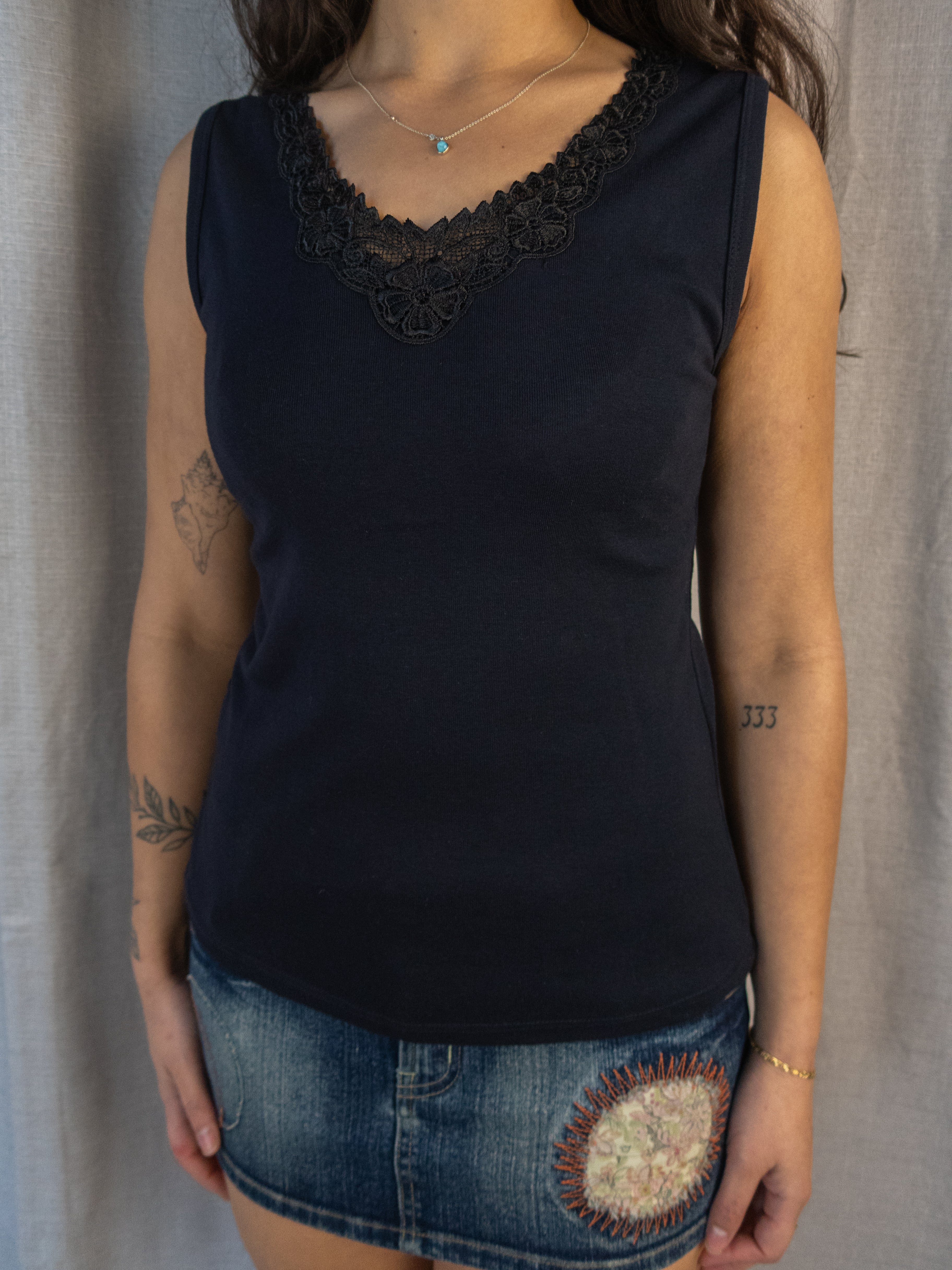 Y2K Sunflower Lace Trim Tank - Black Cotton - Size 12