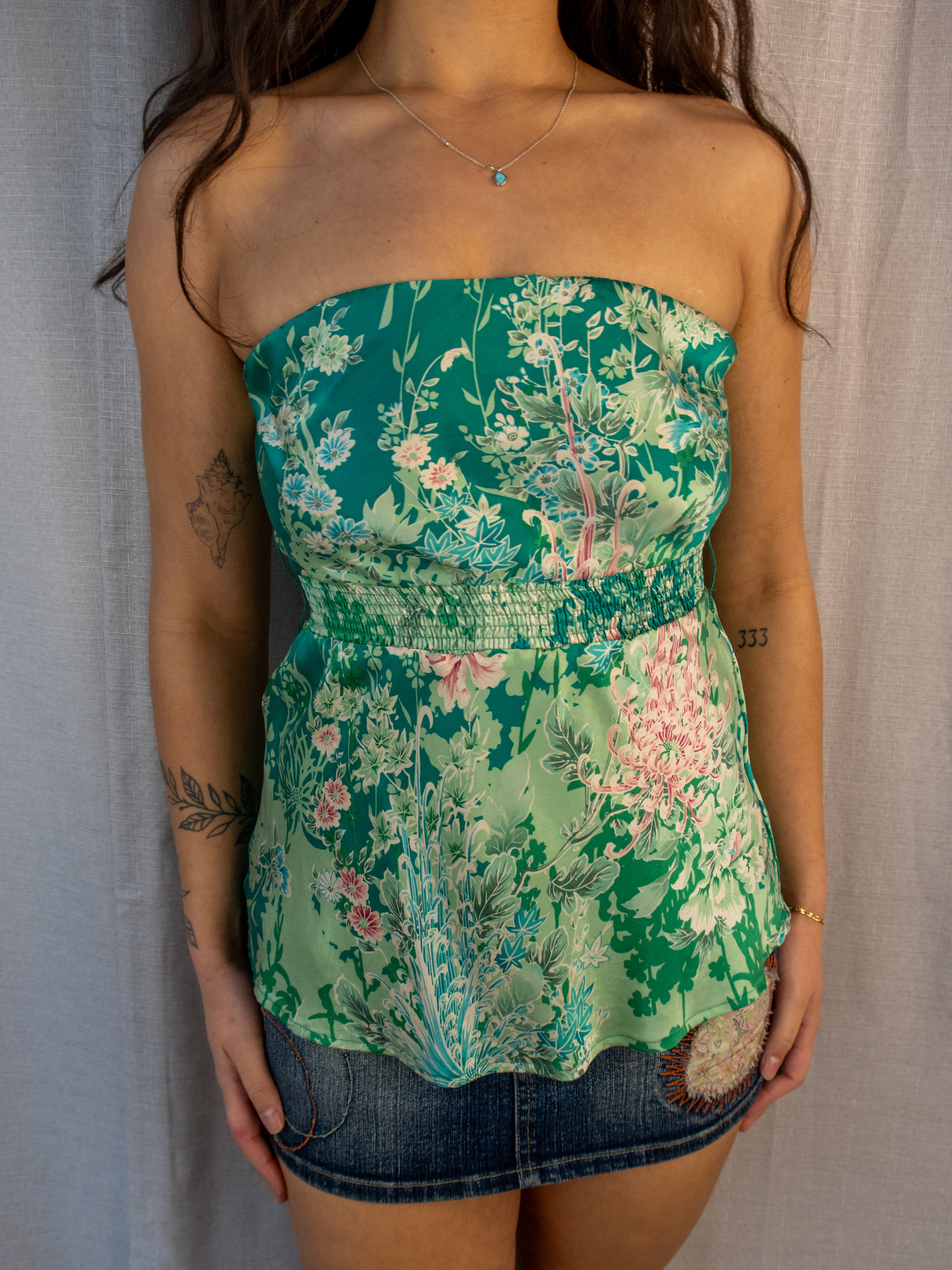 Y2K Warehouse Strapless Top - Green Floral - Size 8