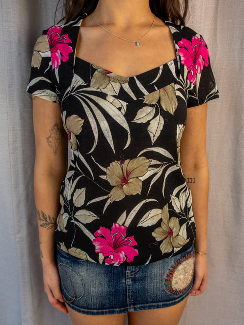 Capital M Floral Top - Black - Size S