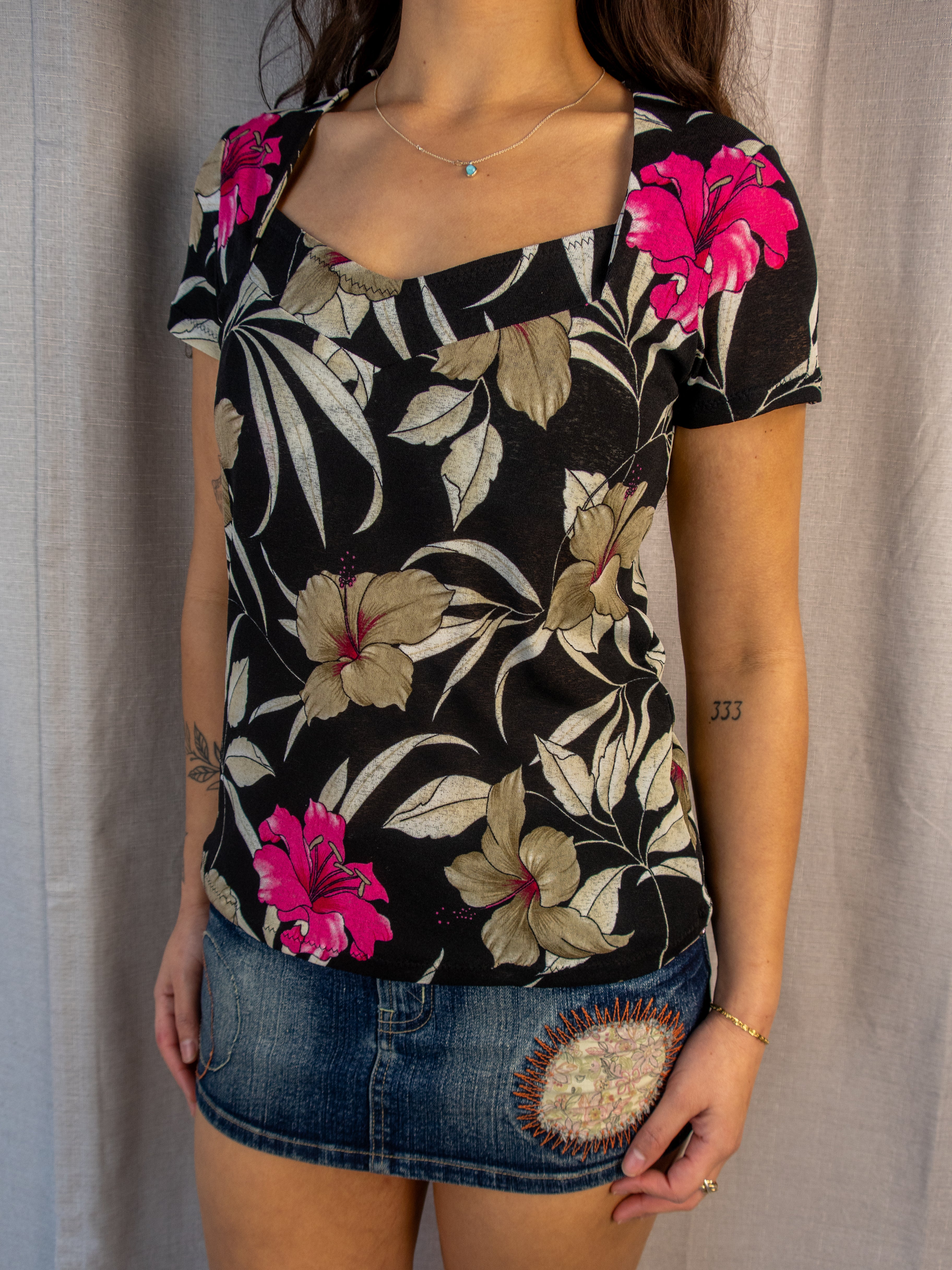Capital M Floral Top - Black - Size S