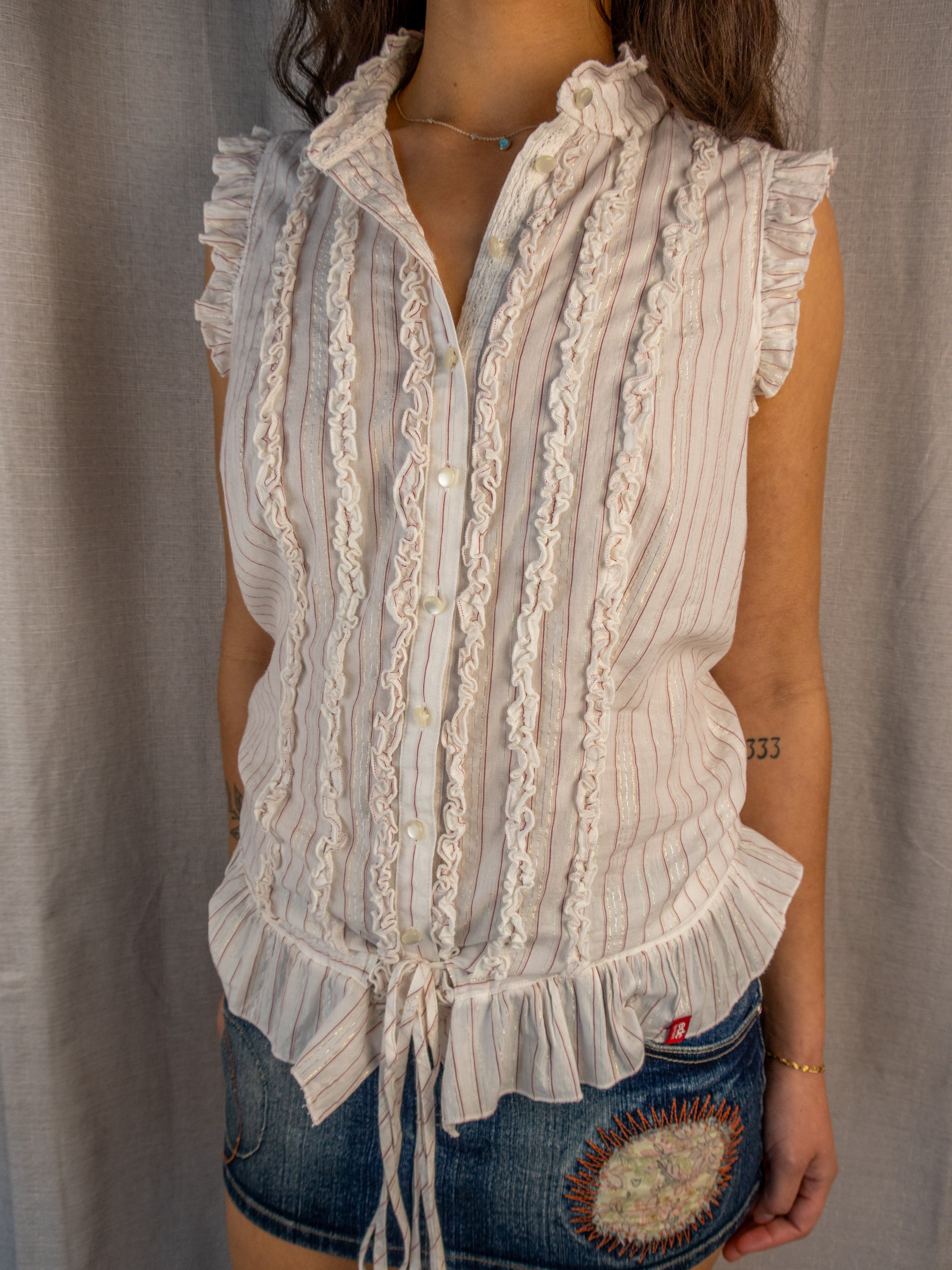 Y2K EDC by Esprit Ruffle Blouse - White Pink Stripe - Size S