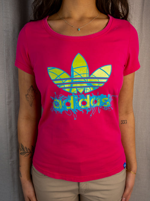 Adidas Fitted Tee - Neon Pink Logo Print - Size S