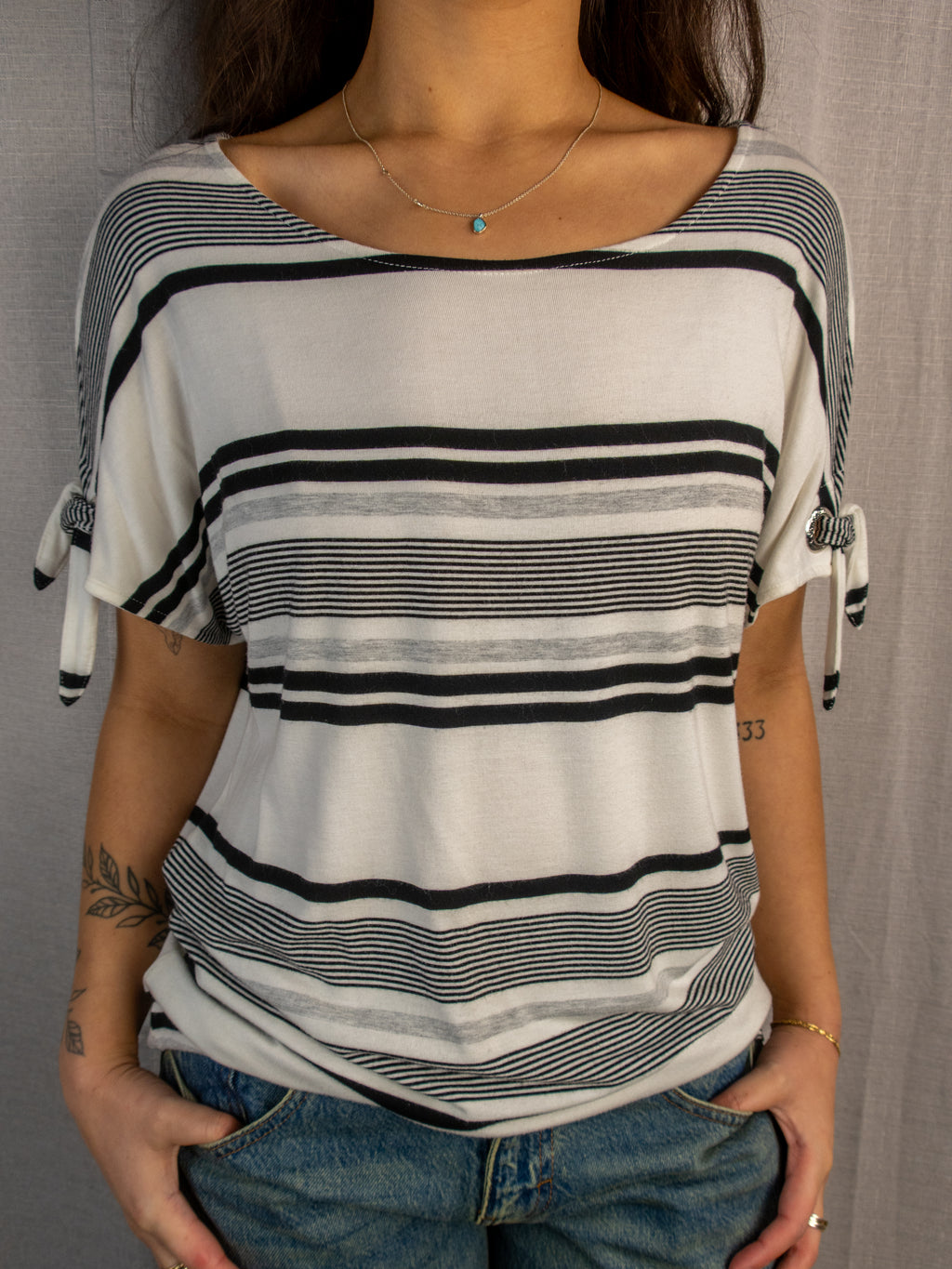 Calvin Klein Stripe Cut-Out Top - White & Black - Size M
