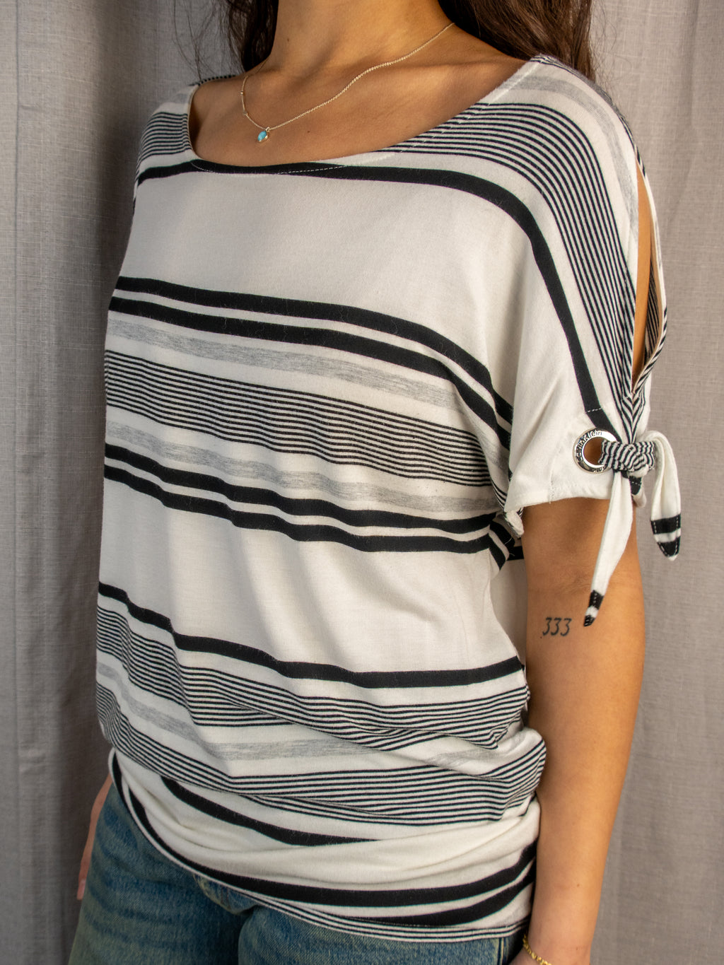 Calvin Klein Stripe Cut-Out Top - White & Black - Size M