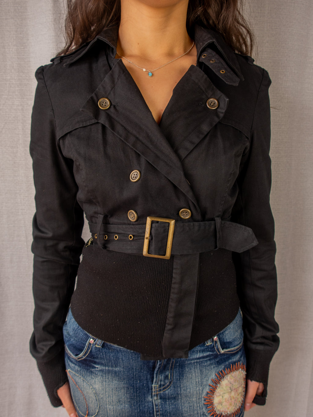 Y2K One Teaspoon Cropped Trench Jacket - Black - Size 6