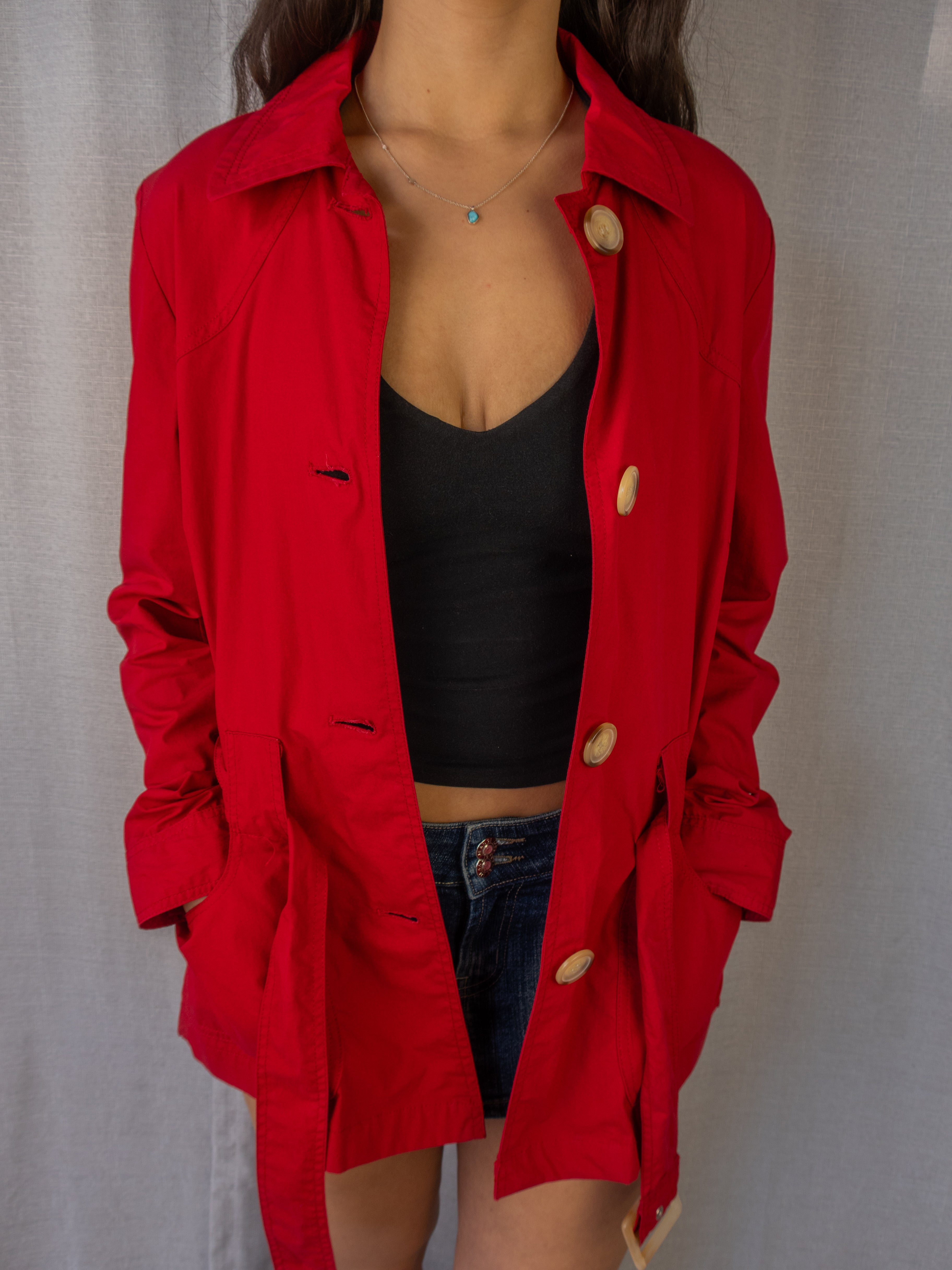 Y2K Simona Sport Jacket - Belted Red Cotton - Size 12