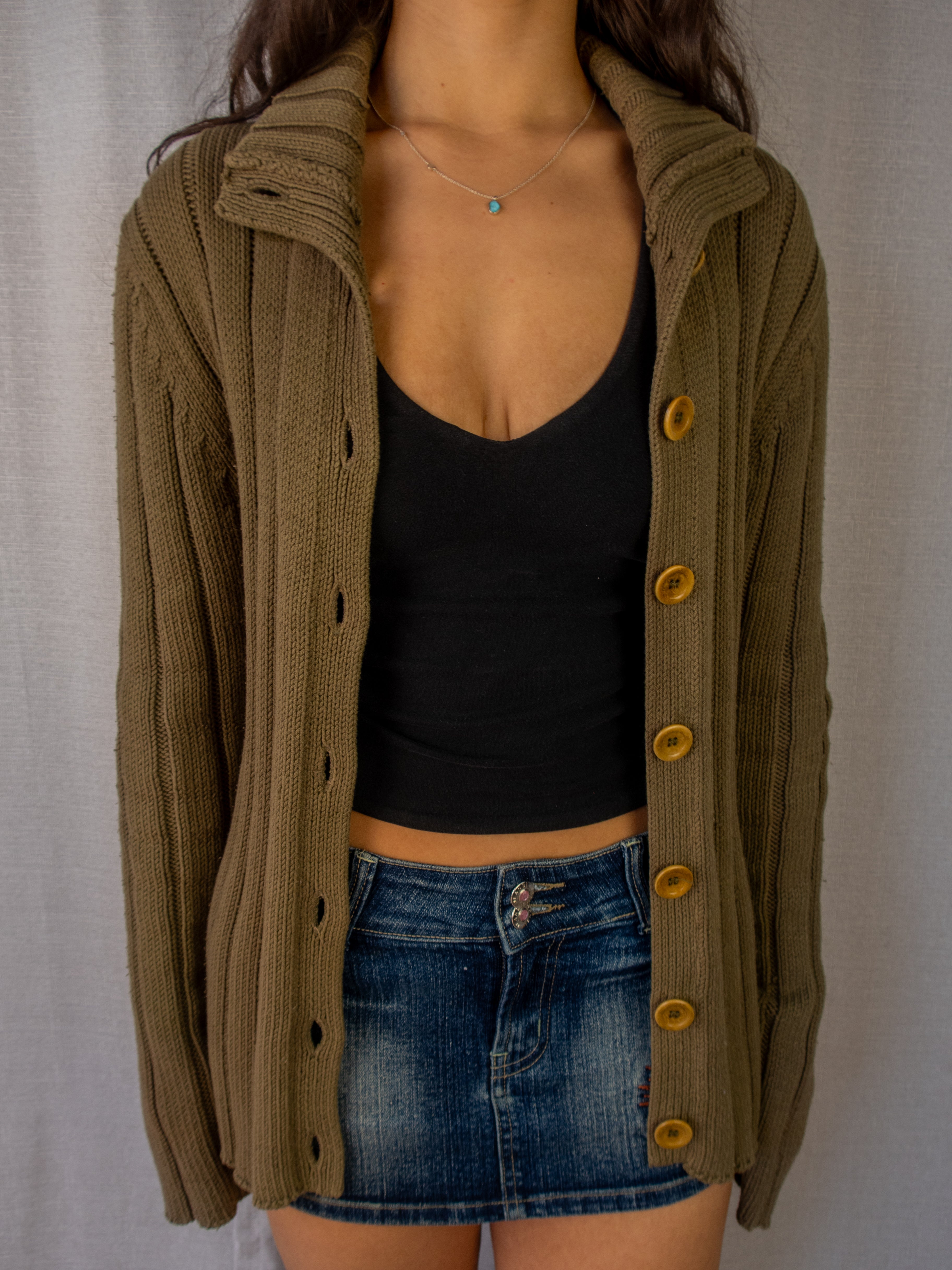 Y2K Esprit Rib Knit Button Cardigan - Khaki - Size L