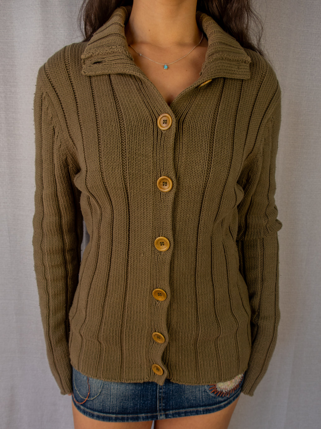 Y2K Esprit Rib Knit Button Cardigan - Khaki - Size L