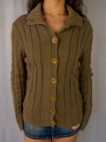 Y2K Esprit Rib Knit Button Cardigan - Khaki - Size L