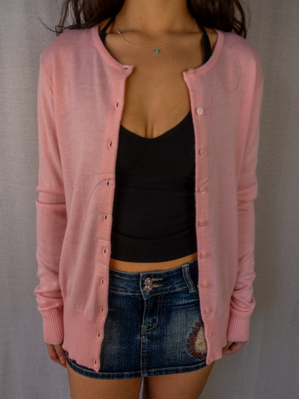 Y2K Velour Girl Cardigan - Soft Pink Embroidered - Size L