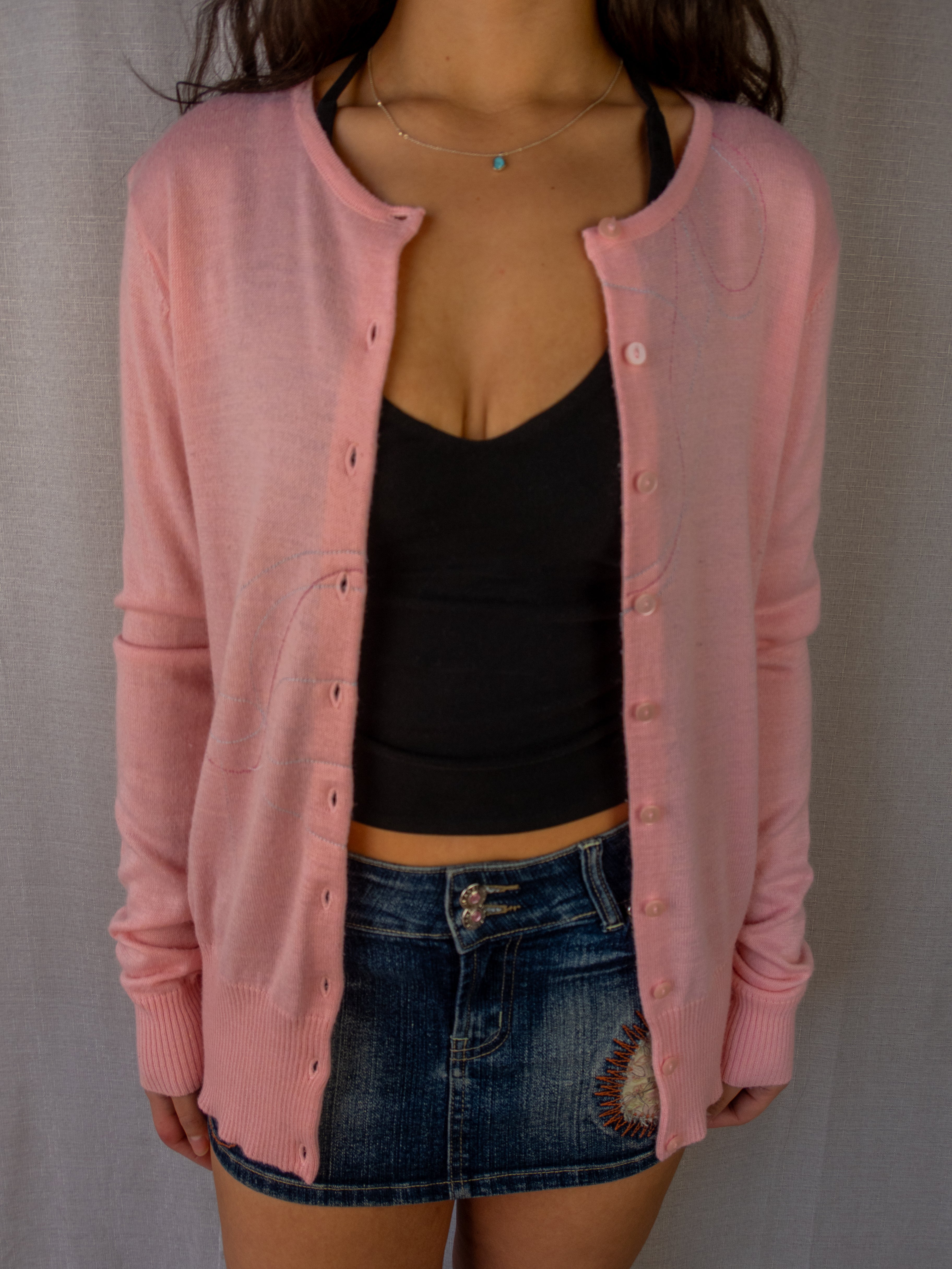 Y2K Velour Girl Cardigan - Soft Pink Embroidered - Size L