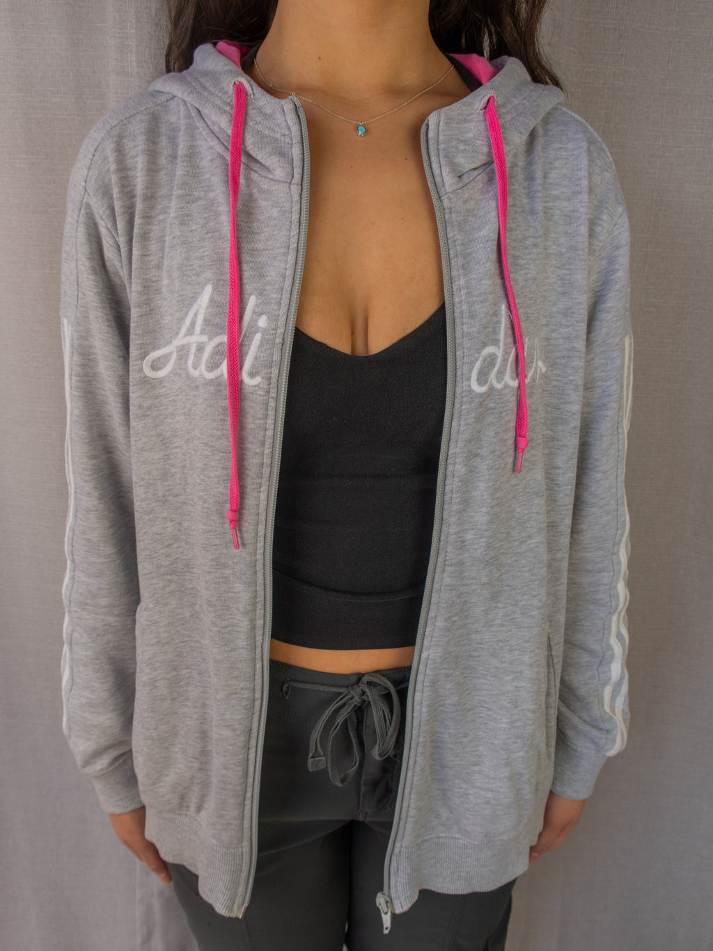 Y2K Adidas Hooded Jacket - Grey Pink Detail - Size M