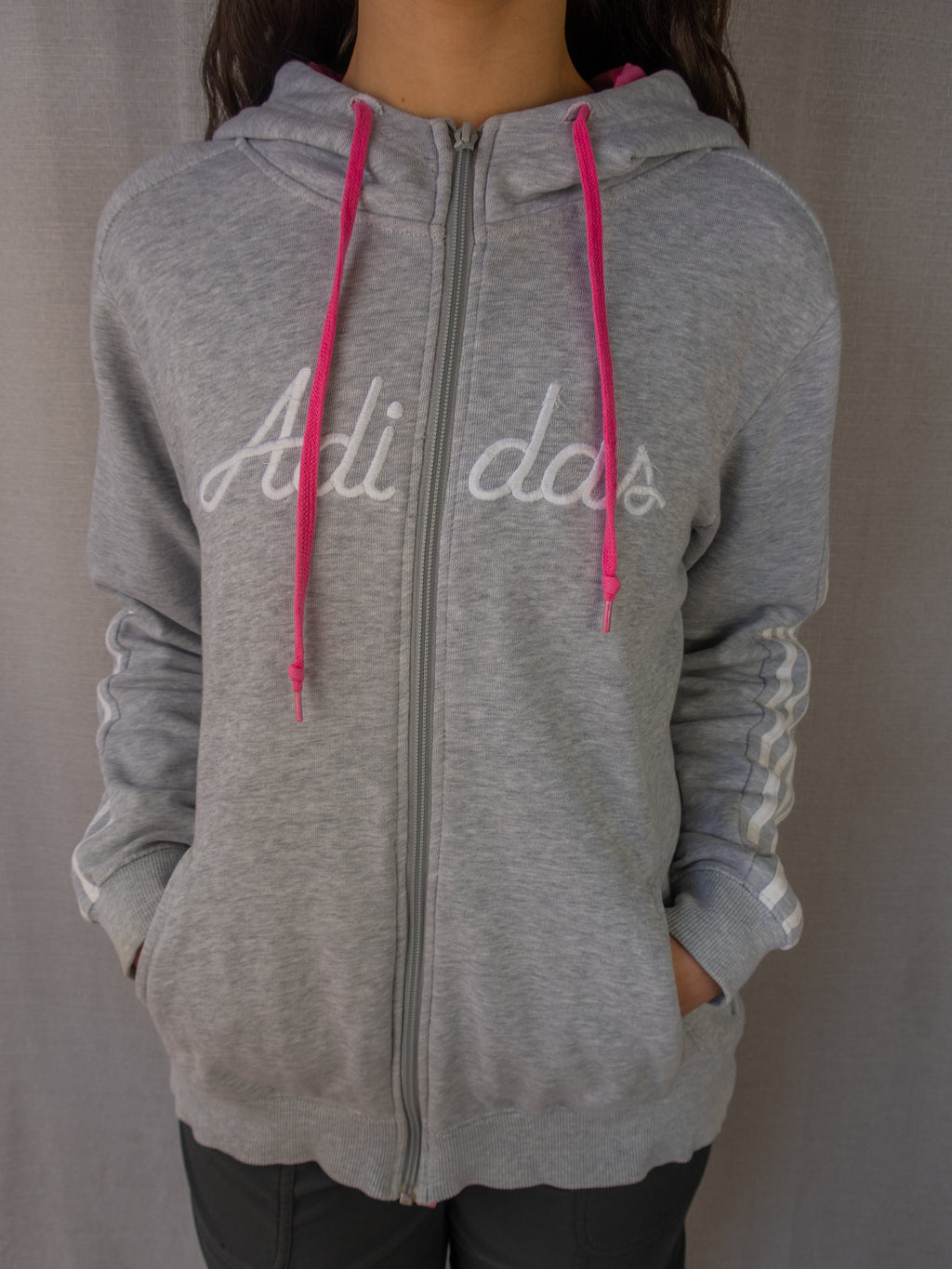 Y2K Adidas Hooded Jacket - Grey Pink Detail - Size M