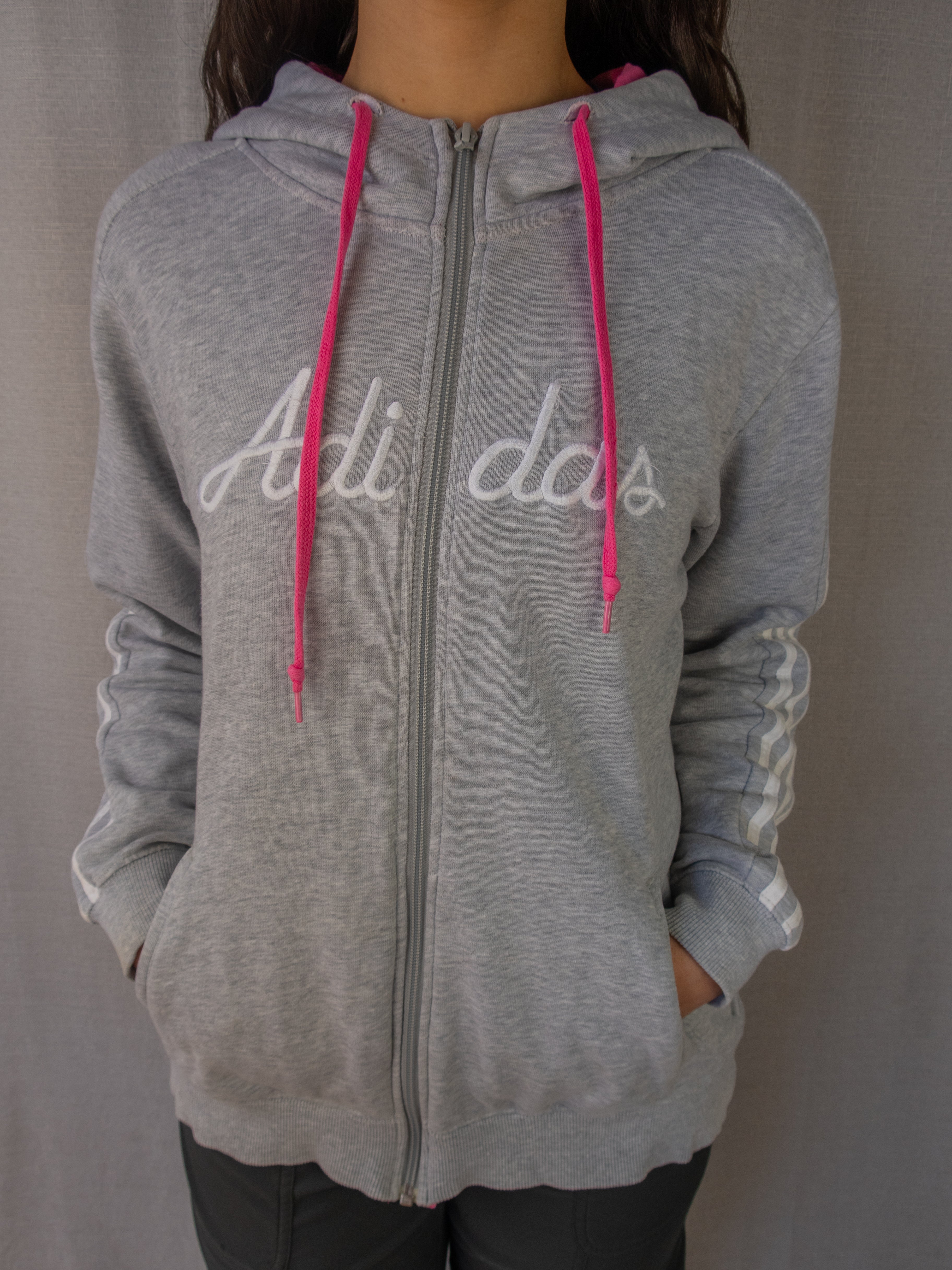 Y2K Adidas Hooded Jacket - Grey Pink Detail - Size M