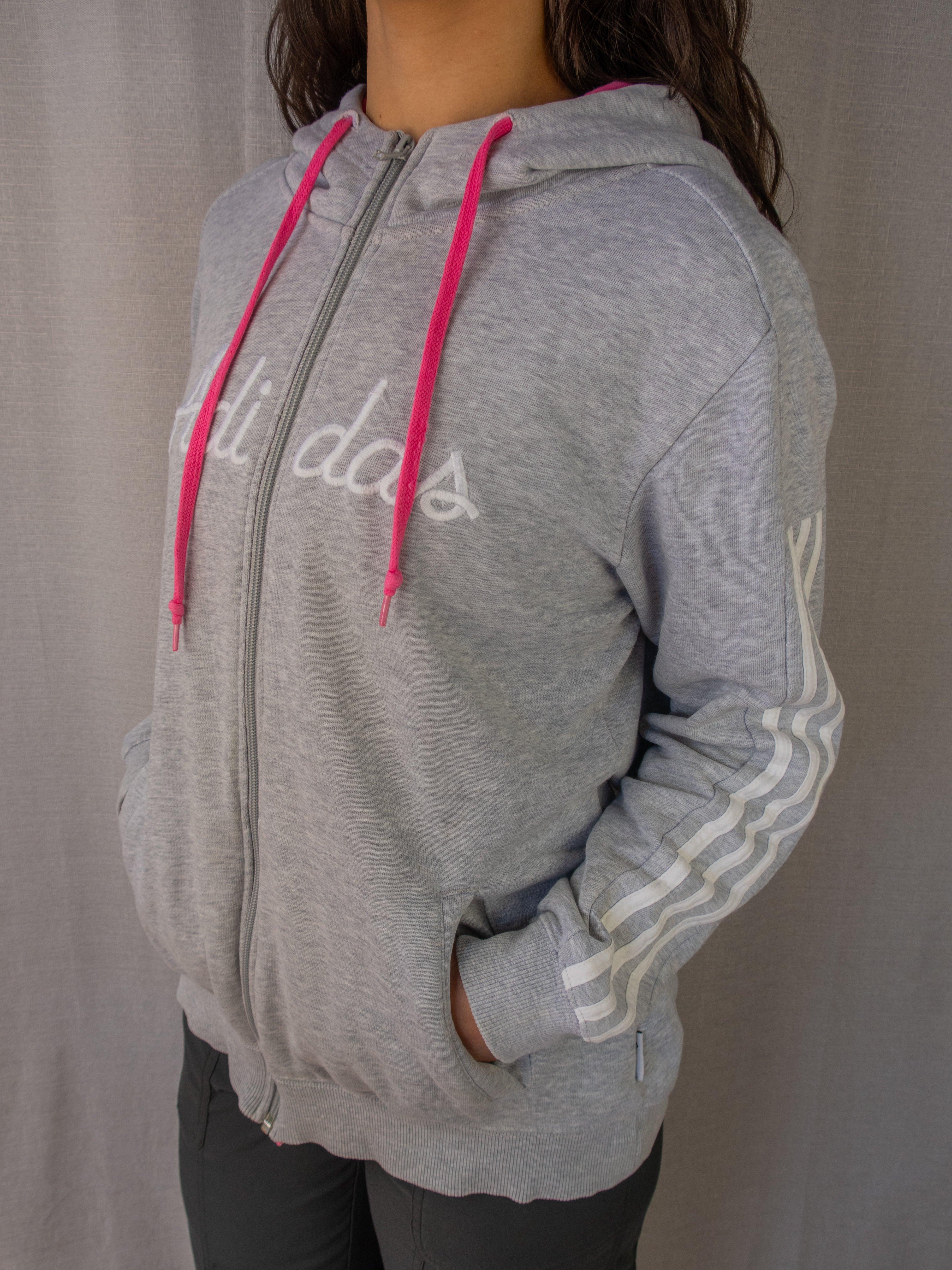 Y2K Adidas Hooded Jacket - Grey Pink Detail - Size M
