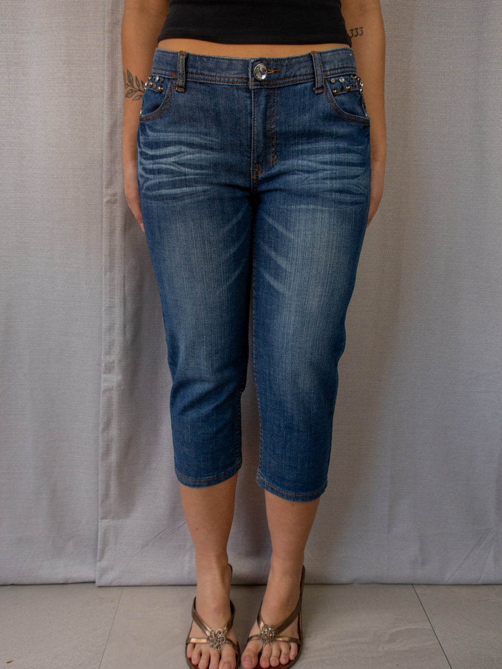 Y2K GNG Jeans Studded Capri Denim Jeans - Blue - Size 12