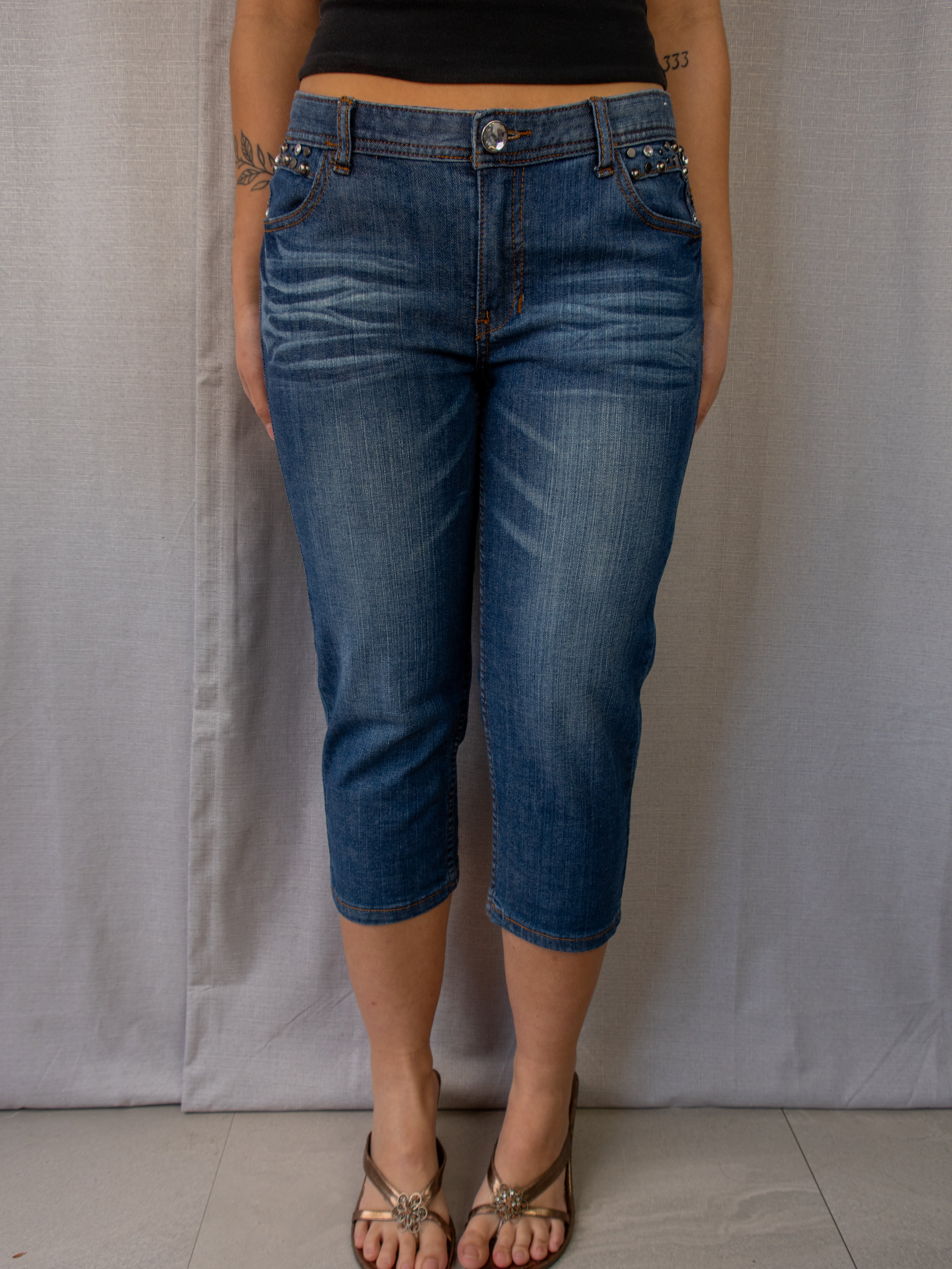 Y2K GNG Jeans Studded Capri Denim Jeans - Blue - Size 12
