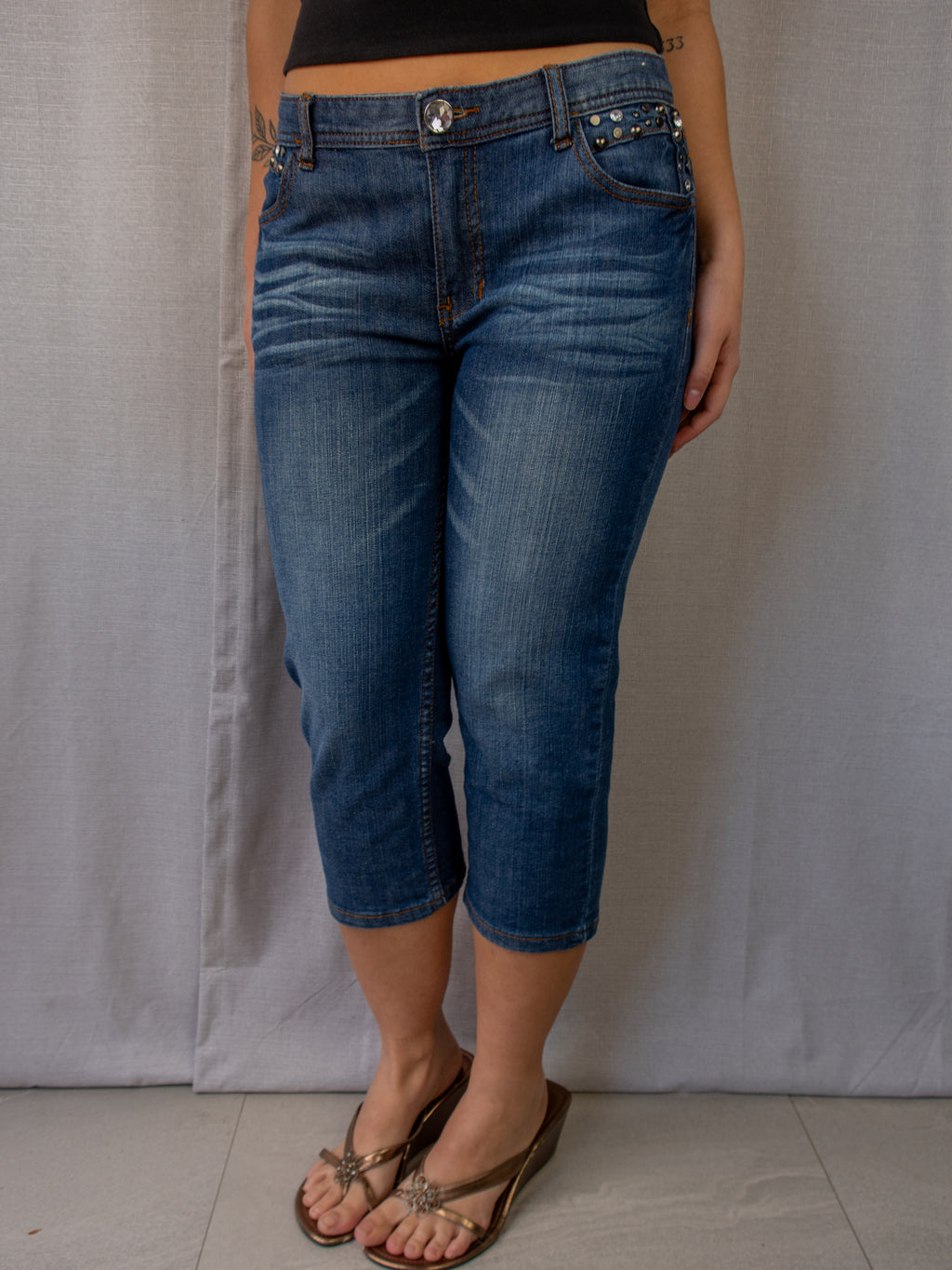 Y2K GNG Jeans Studded Capri Denim Jeans - Blue - Size 12