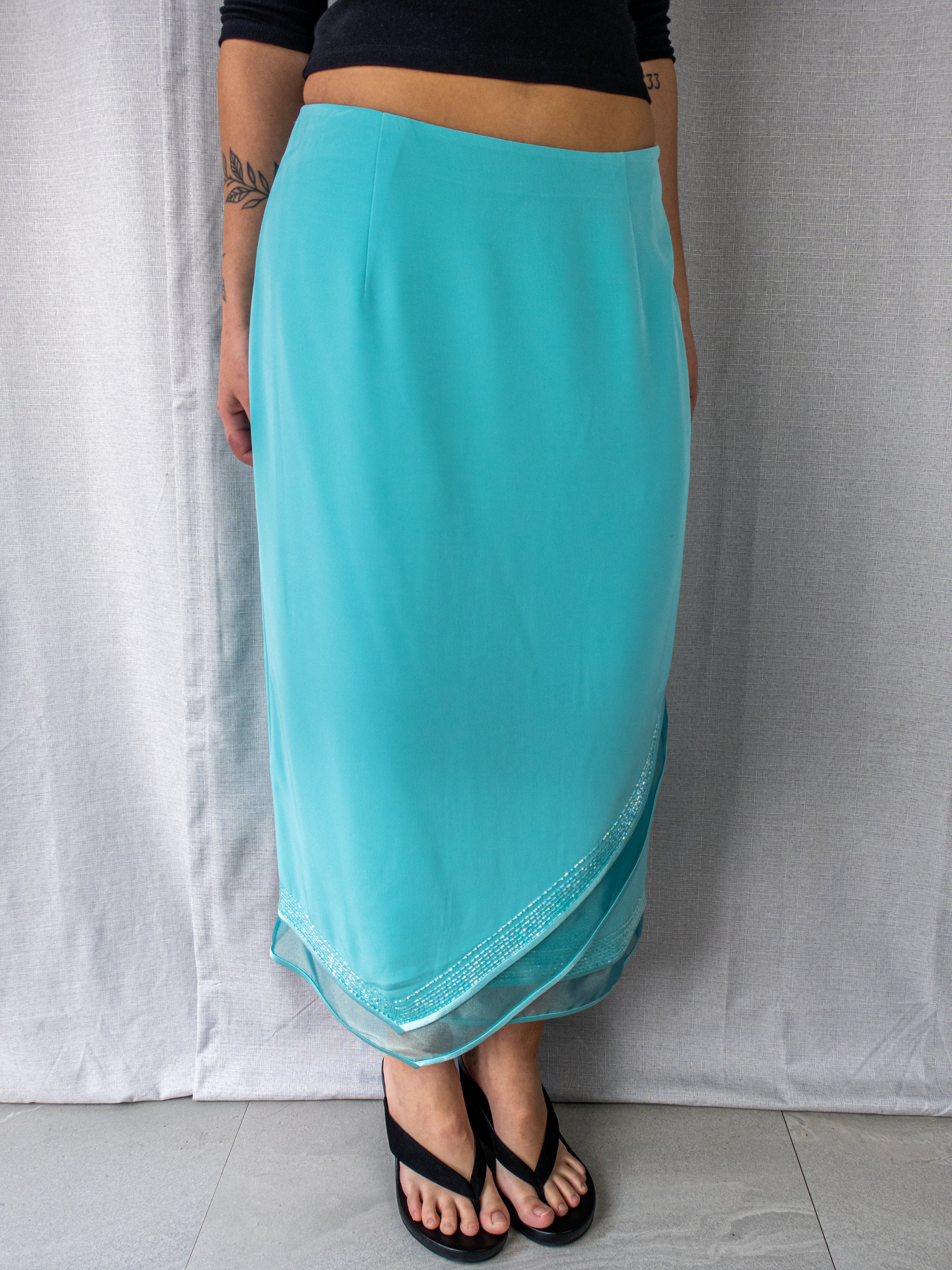 Y2K Brin de Femme Asymmetric Midi Skirt - Aqua Blue - Size 10