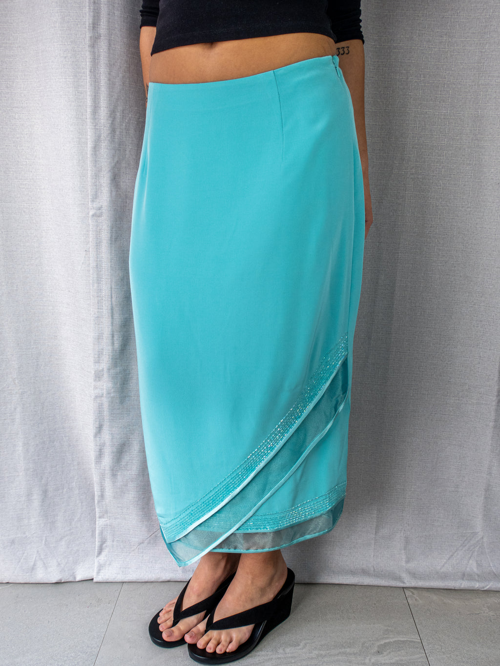 Y2K Brin de Femme Asymmetric Midi Skirt - Aqua Blue - Size 10