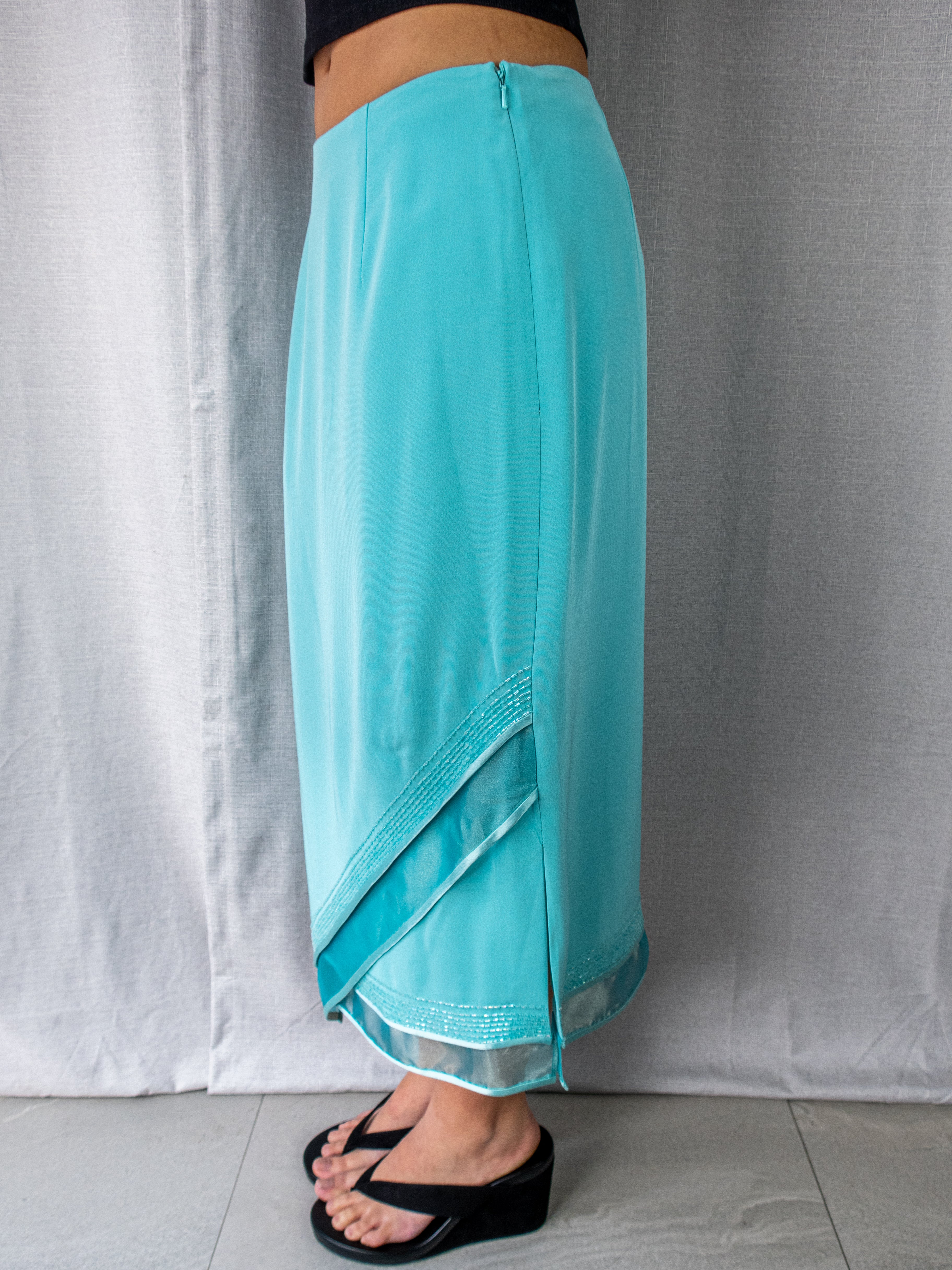 Y2K Brin de Femme Asymmetric Midi Skirt - Aqua Blue - Size 10