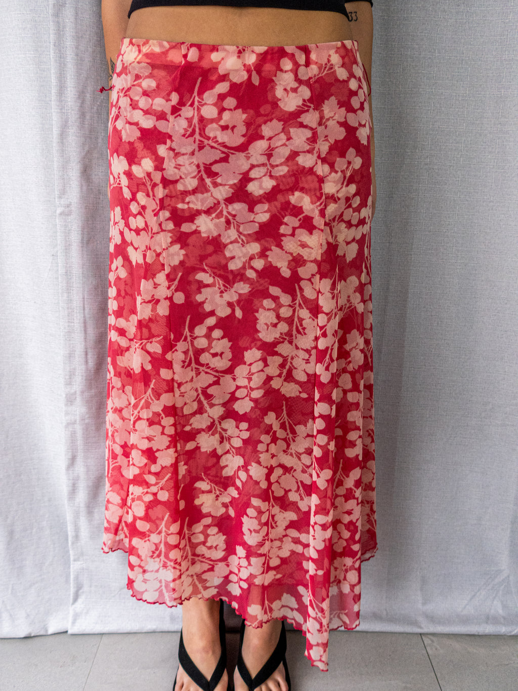 Y2K D.L. Jeans Floral Mesh Midi Skirt - Pink Floral Print - Size 8