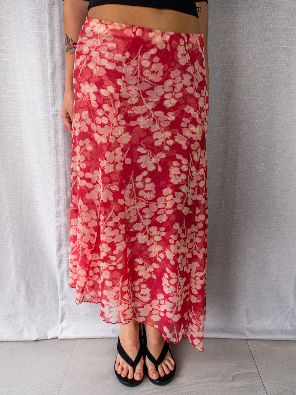 Y2K D.L. Jeans Floral Mesh Midi Skirt - Pink Floral Print - Size 8