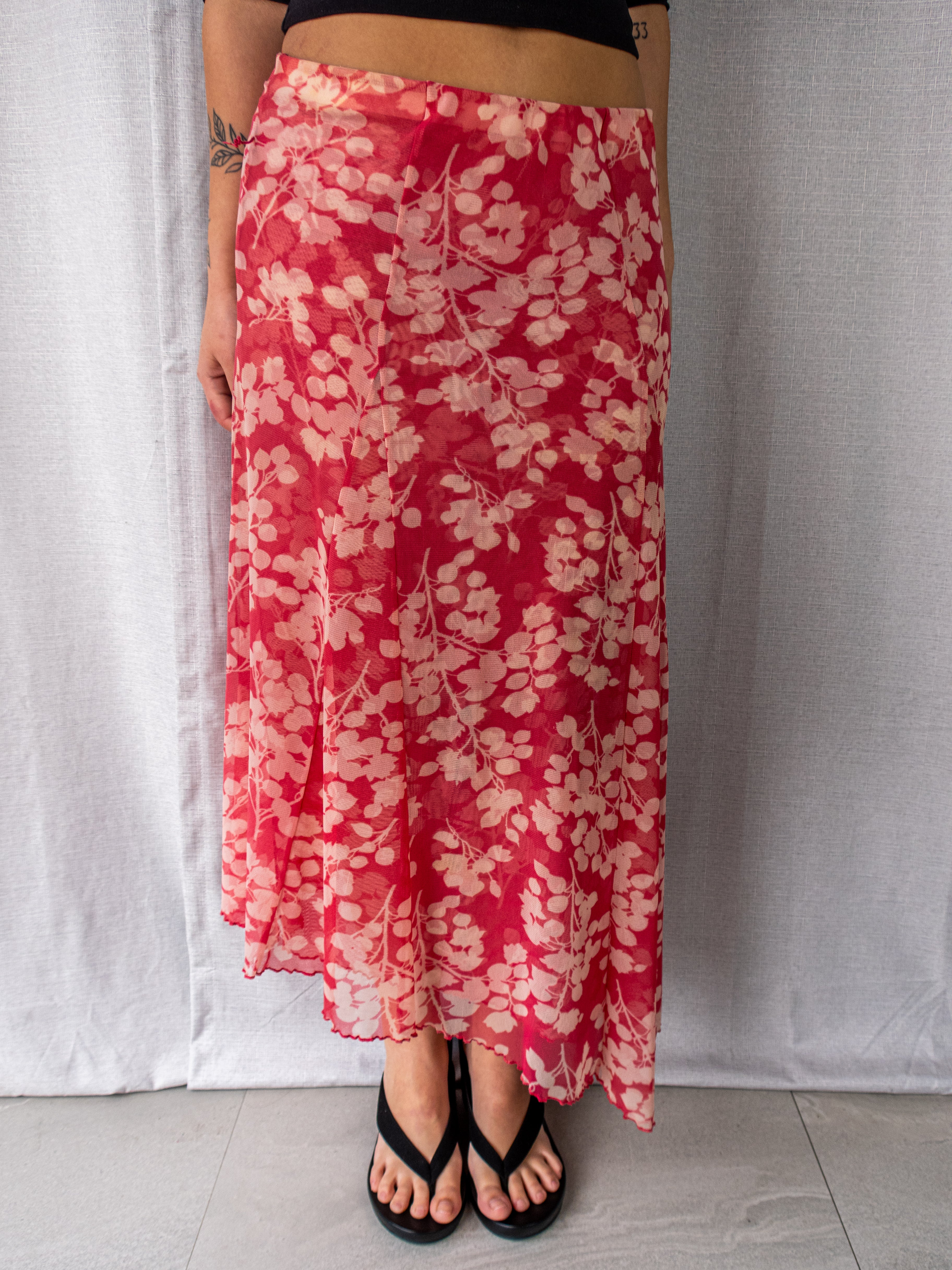 Y2K D.L. Jeans Floral Mesh Midi Skirt - Pink Floral Print - Size 8