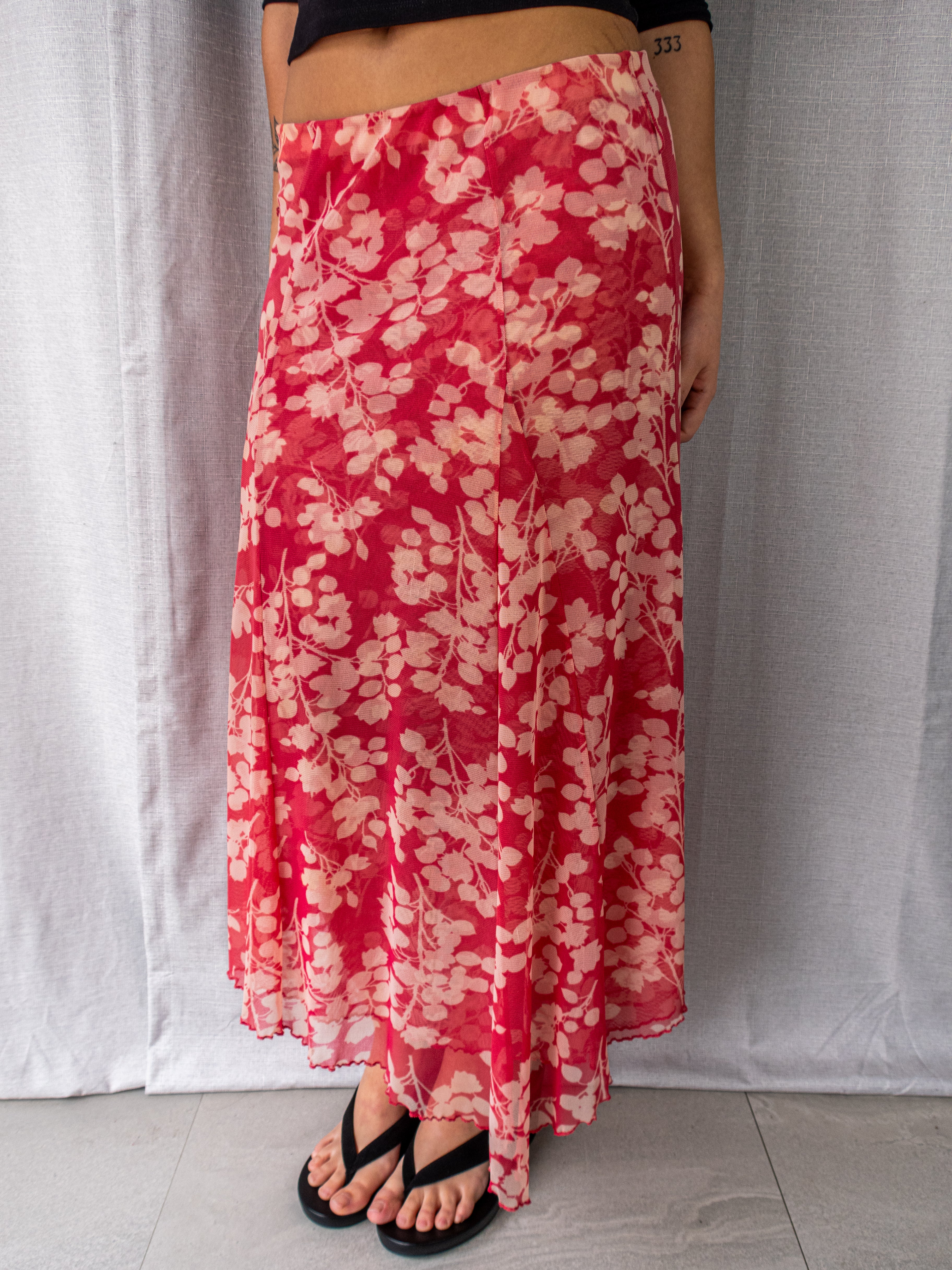 Y2K D.L. Jeans Floral Mesh Midi Skirt - Pink Floral Print - Size 8