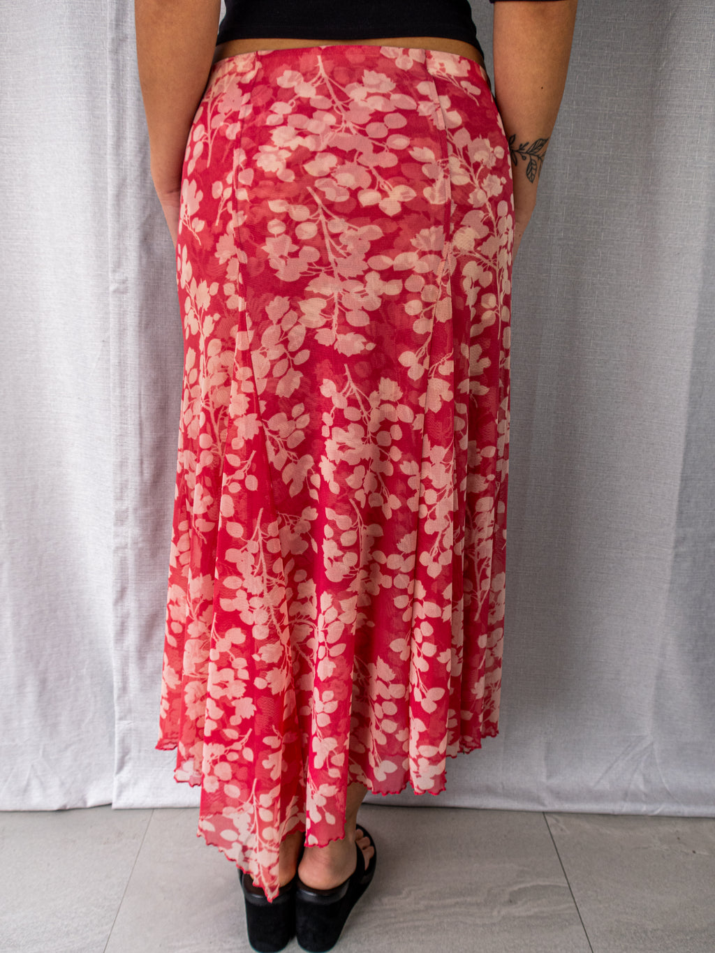 Y2K D.L. Jeans Floral Mesh Midi Skirt - Pink Floral Print - Size 8