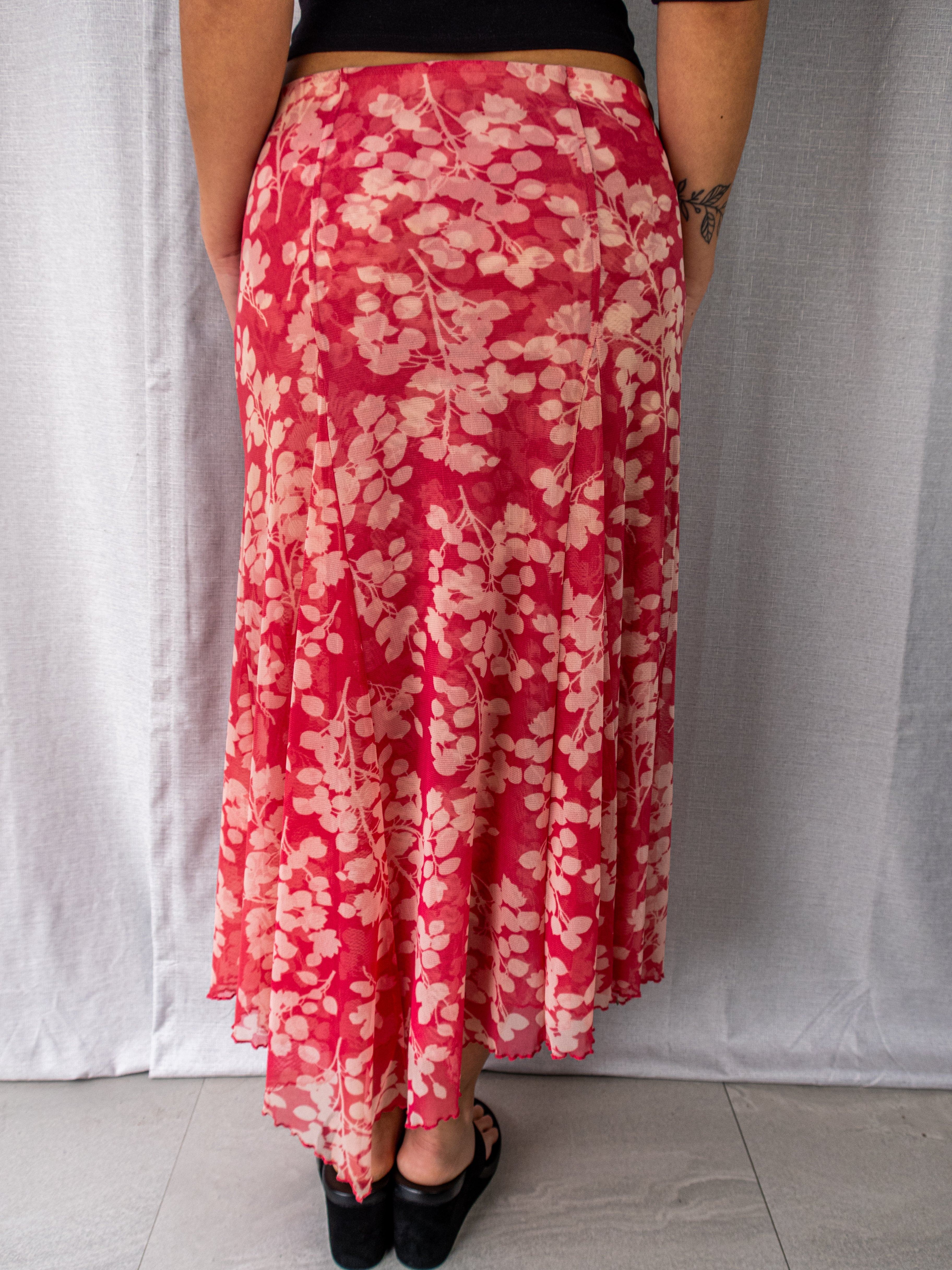 Y2K D.L. Jeans Floral Mesh Midi Skirt - Pink Floral Print - Size 8