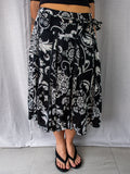 Y2K Suzanne Grae Floral Belted Midi Skirt - Black White Print - Size S