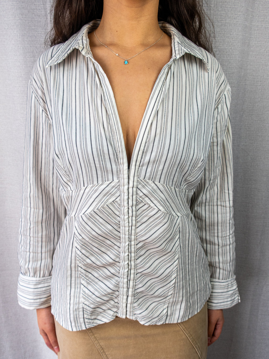 Y2K Pimkie Pinstripe Hook Front Blouse - White Blue Stripe - Size M