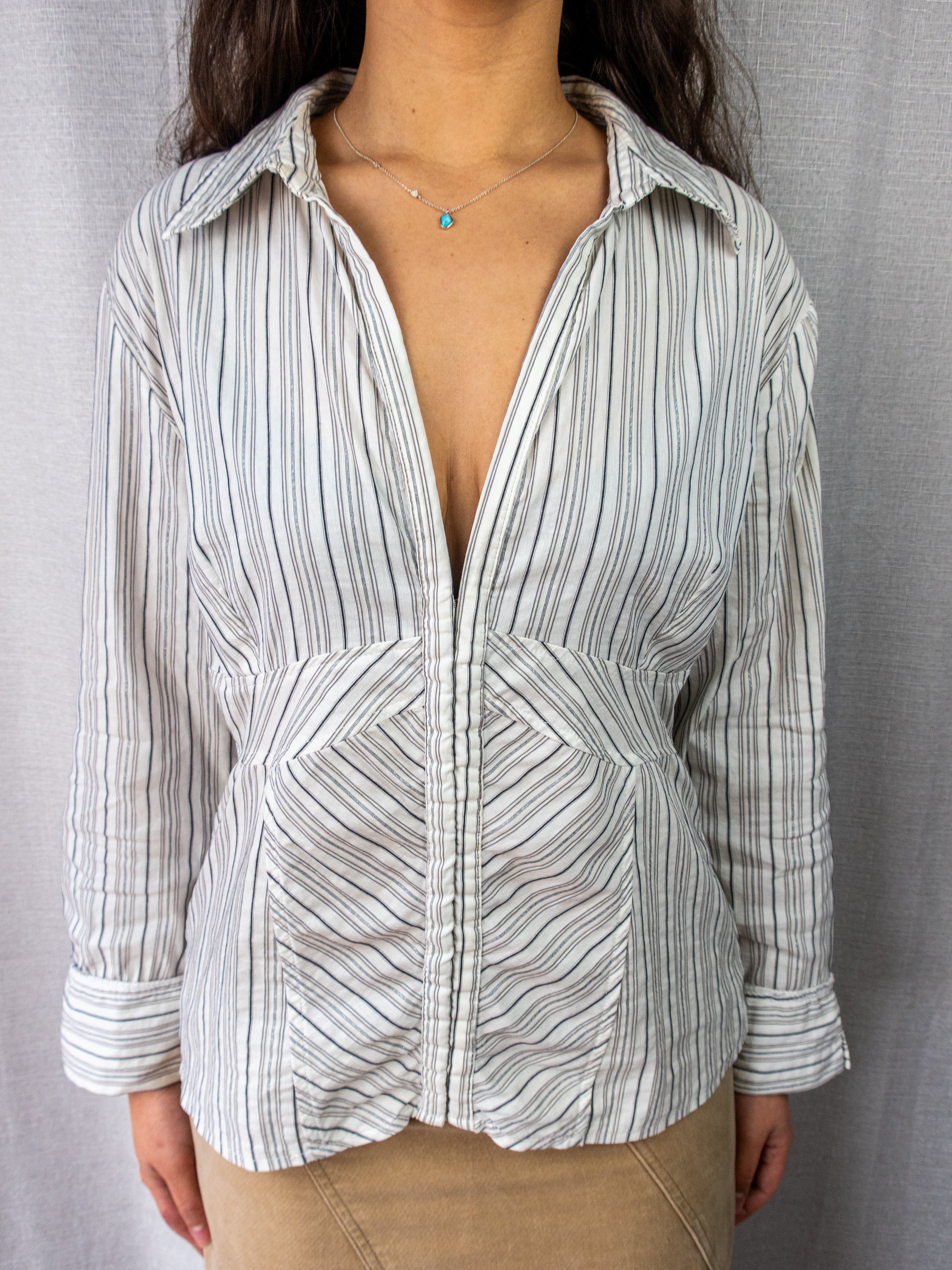 Y2K Pimkie Pinstripe Hook Front Blouse - White Blue Stripe - Size M