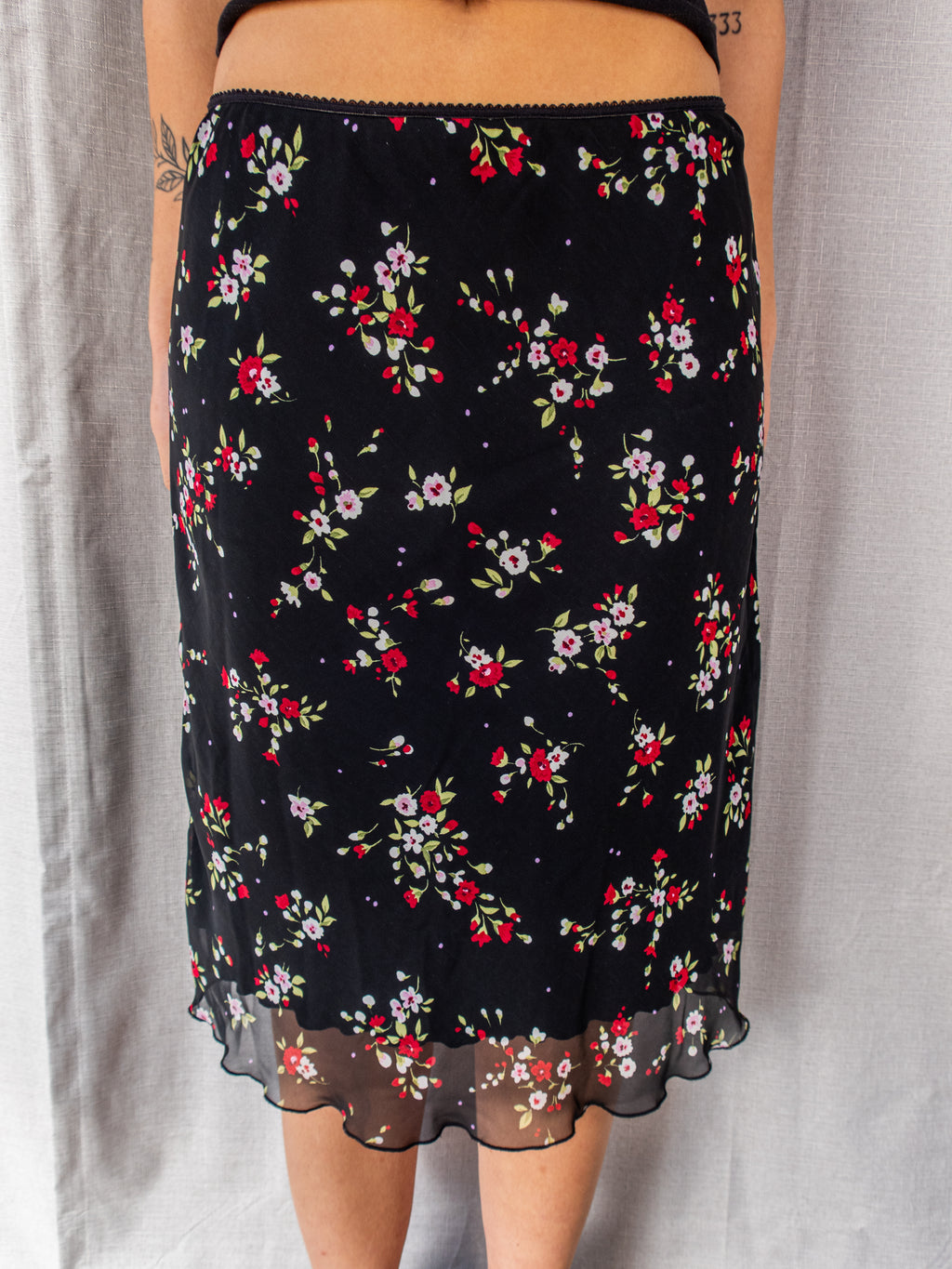 Y2K Expression Floral Mesh Midi Skirt - Black Ditsy Print - Size 10