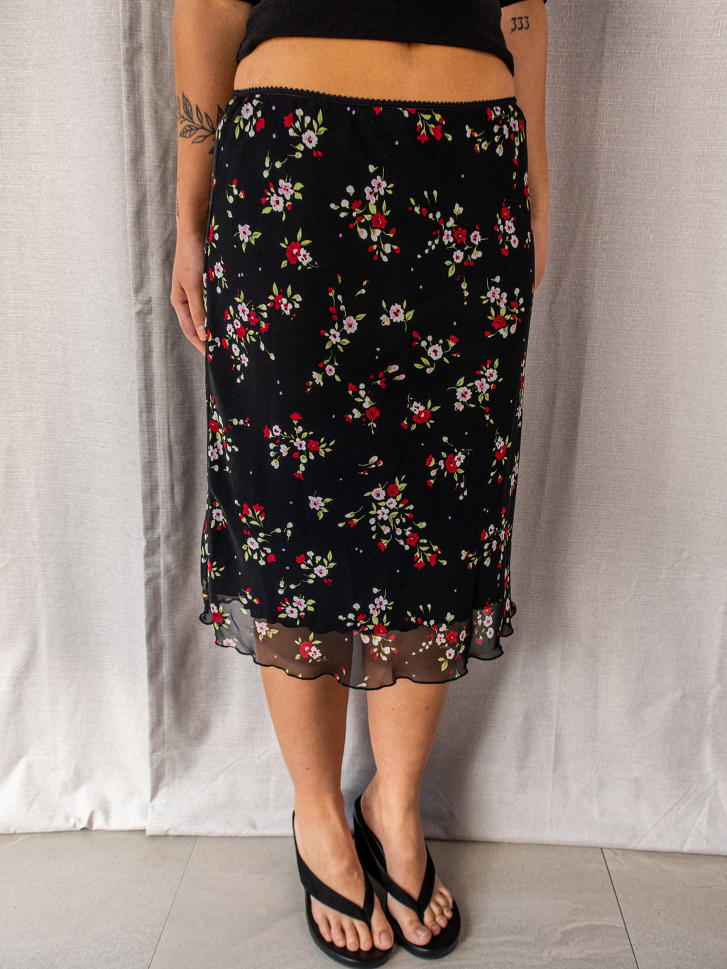 Y2K Expression Floral Mesh Midi Skirt - Black Ditsy Print - Size 10
