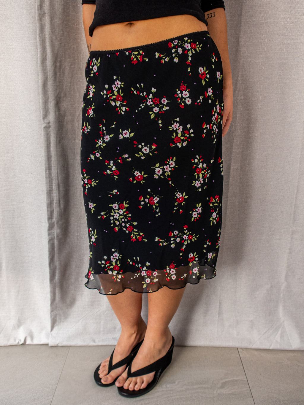 Y2K Expression Floral Mesh Midi Skirt - Black Ditsy Print - Size 10