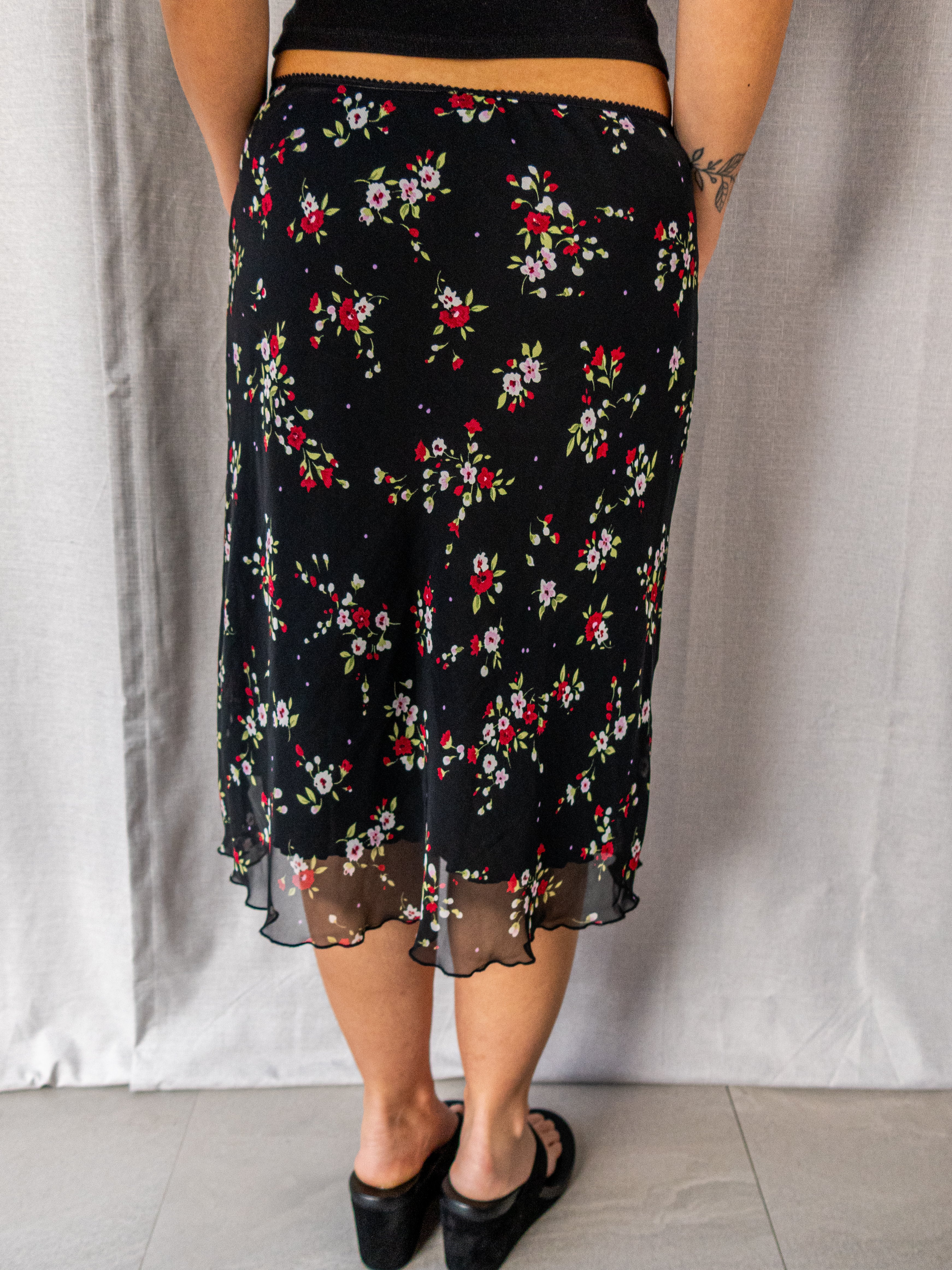 Y2K Expression Floral Mesh Midi Skirt - Black Ditsy Print - Size 10